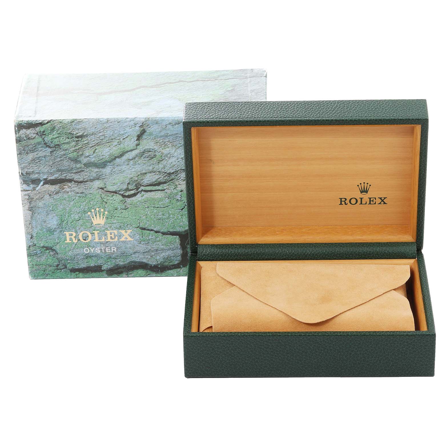 This image shows the packaging, including the outer box and the open wooden inner box, for a Rolex Turn-o-Graph 16263 Men's Steel and Gold (two tone) White Dial 16263 Men's Steel and Gold (two tone) White Dial watch.