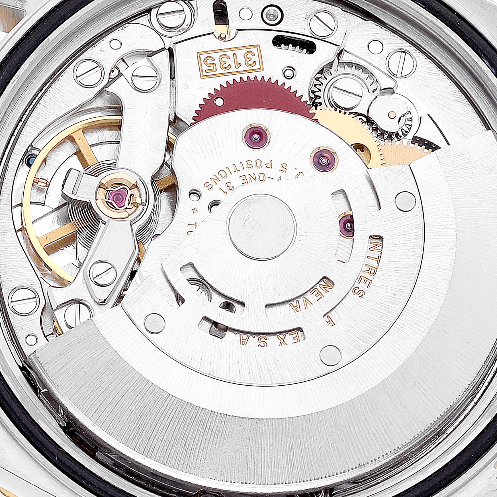 This image shows the inner mechanical movement of a Rolex Turn-o-Graph 16263 Men's Steel and Gold (two tone) White Dial 16263 Men's Steel and Gold (two tone) White Dial watch from a close-up angle.