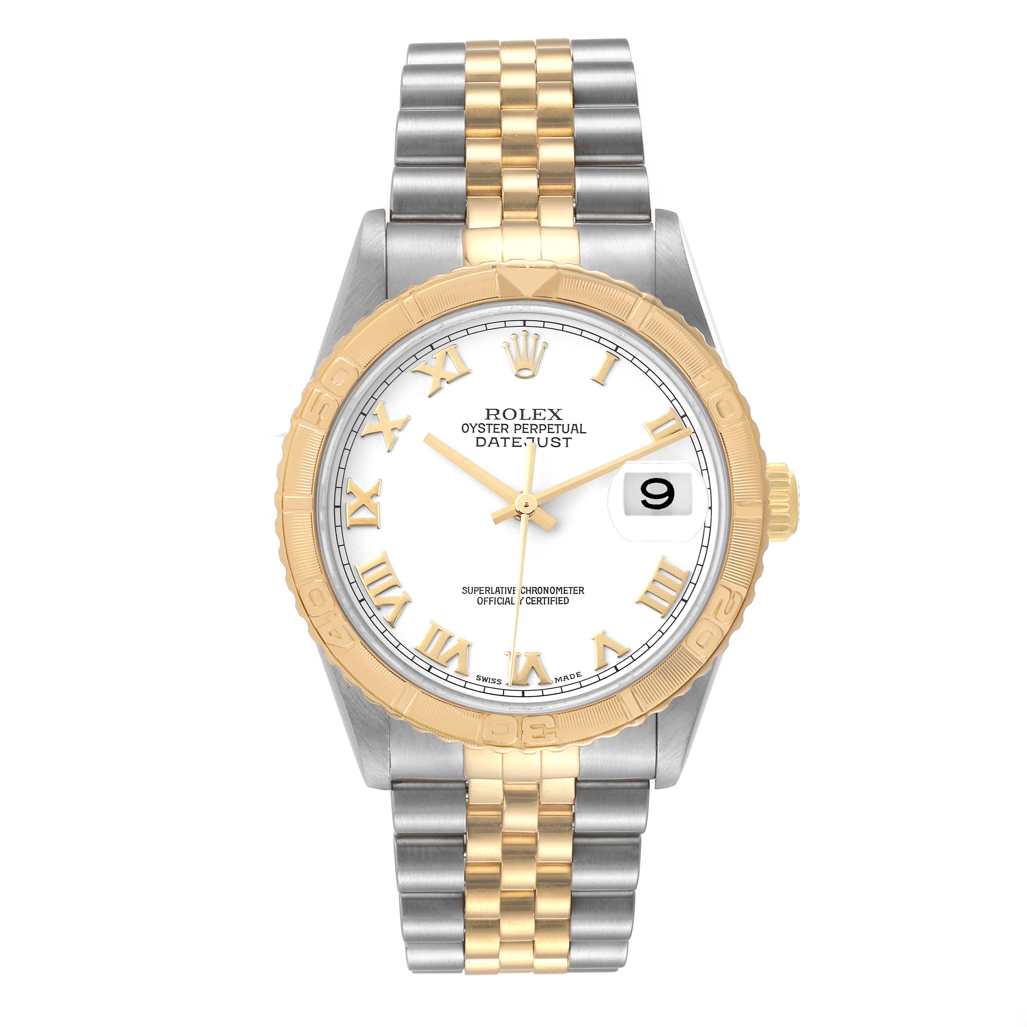 This Rolex Turn-o-Graph 16263 Men's Steel and Gold (two tone) White Dial 16263 Men's Steel and Gold (two tone) White Dial watch is shown from a front angle, displaying the dial, bezel, hands, and bracelet.