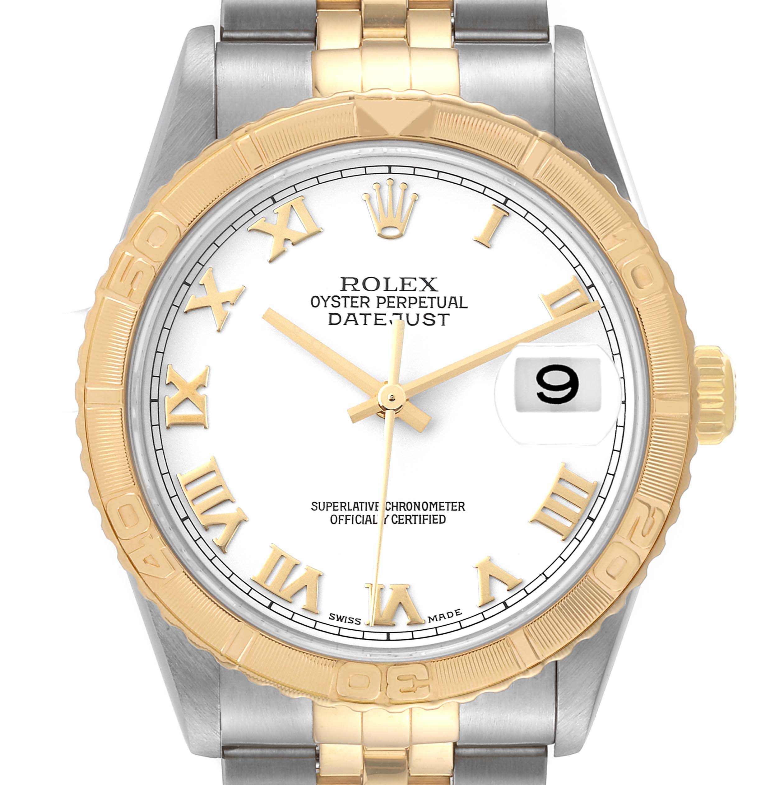This image shows a front view of a Rolex Turn-o-Graph 16263 Men's Steel and Gold (two tone) White Dial 16263 Men's Steel and Gold (two tone) White Dial watch, displaying the dial, bezel, hands, bracelet, and date window.