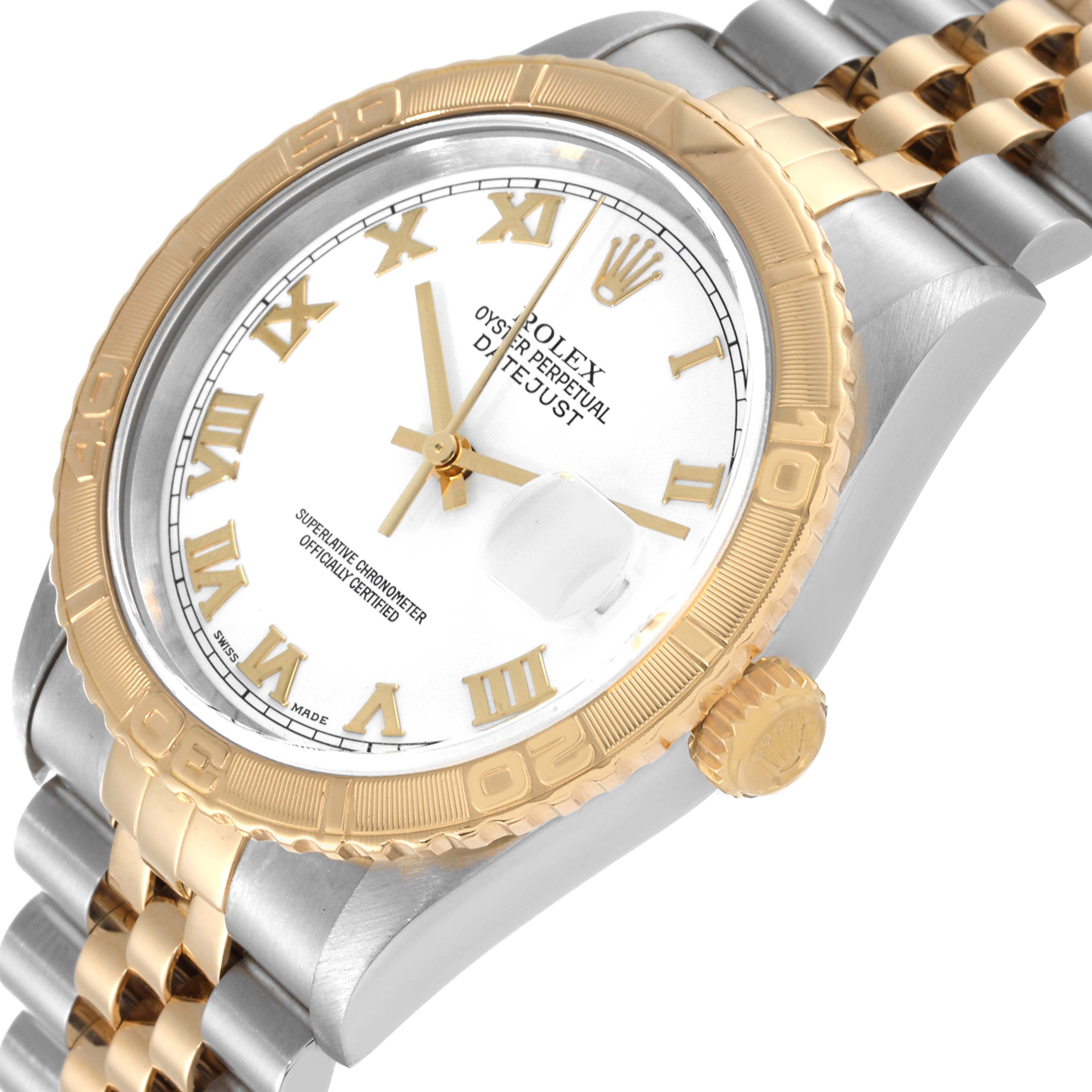 The image shows a Rolex Turn-o-Graph 16263 Men's Steel and Gold (two tone) White Dial 16263 Men's Steel and Gold (two tone) White Dial watch from an angled view, highlighting its face, bezel, band, and crown.