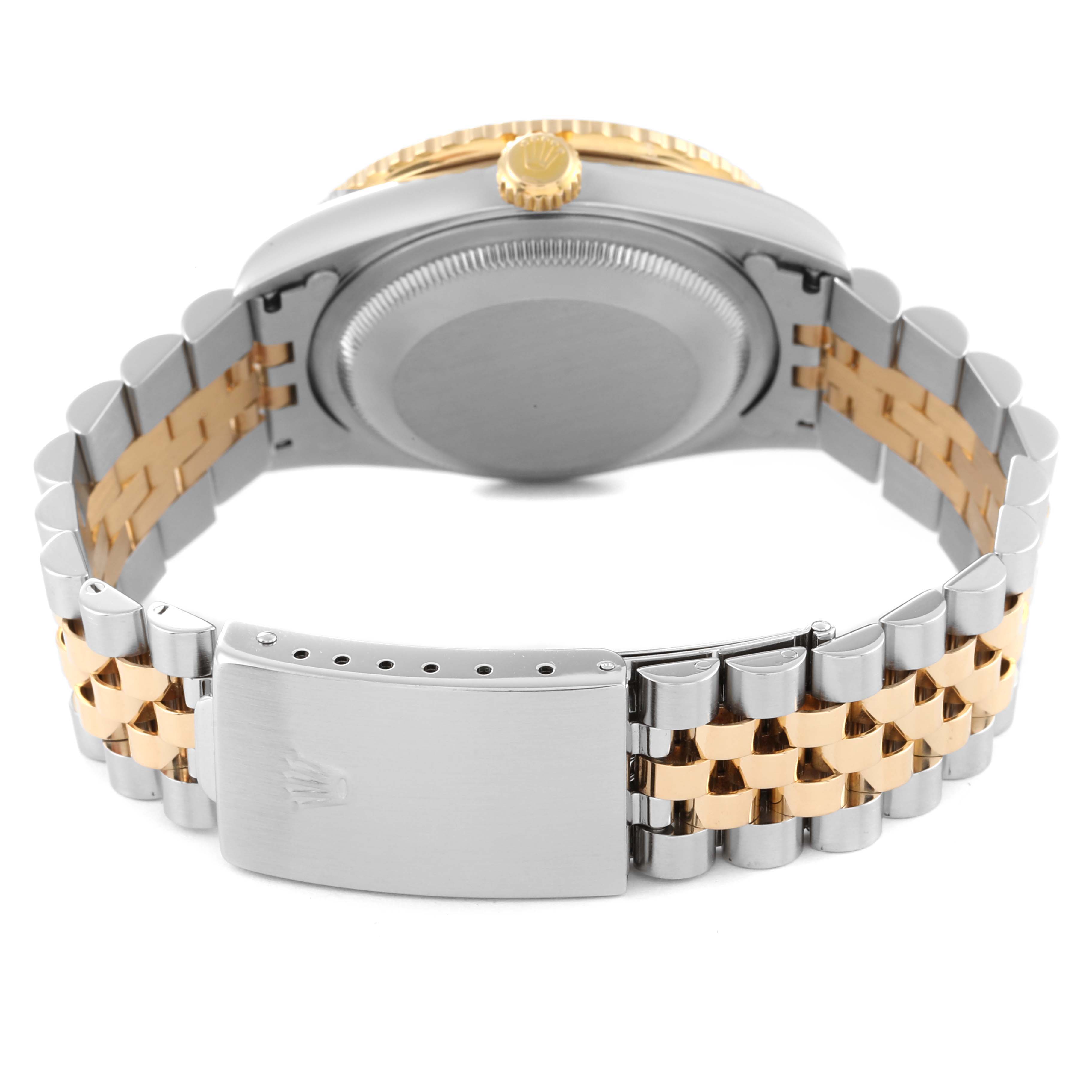 This image shows the back view of a Rolex Turn-o-Graph 16263 Men's Steel and Gold (two tone) White Dial 16263 Men's Steel and Gold (two tone) White Dial watch, focusing on the case back, bracelet, and clasp.