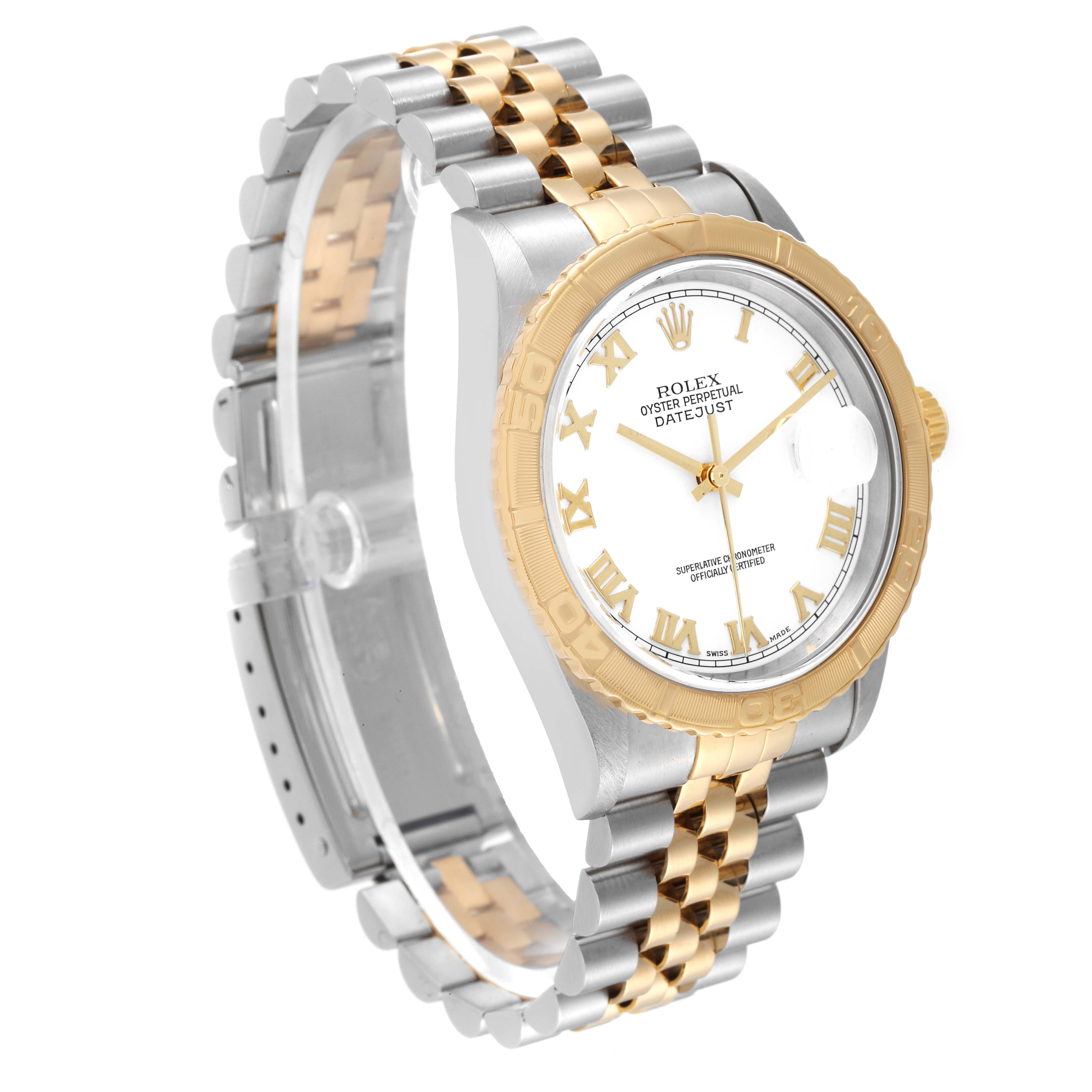 The Rolex Turn-o-Graph 16263 Men's Steel and Gold (two tone) White Dial 16263 Men's Steel and Gold (two tone) White Dial model is shown from a three-quarter angle displaying the face, bezel, crown, and bracelet.