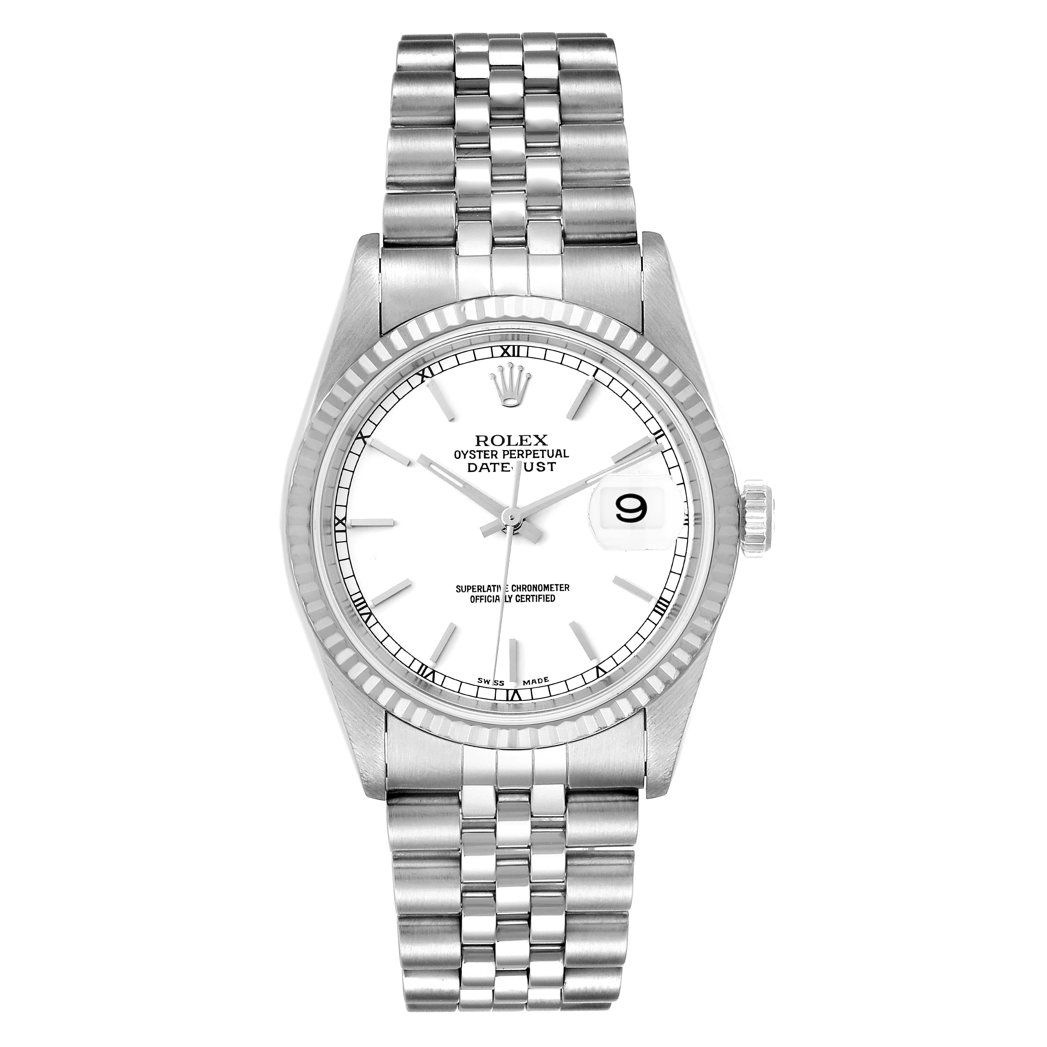 Rolex Datejust White Dial Fluted Bezel Steel White Gold Mens Watch