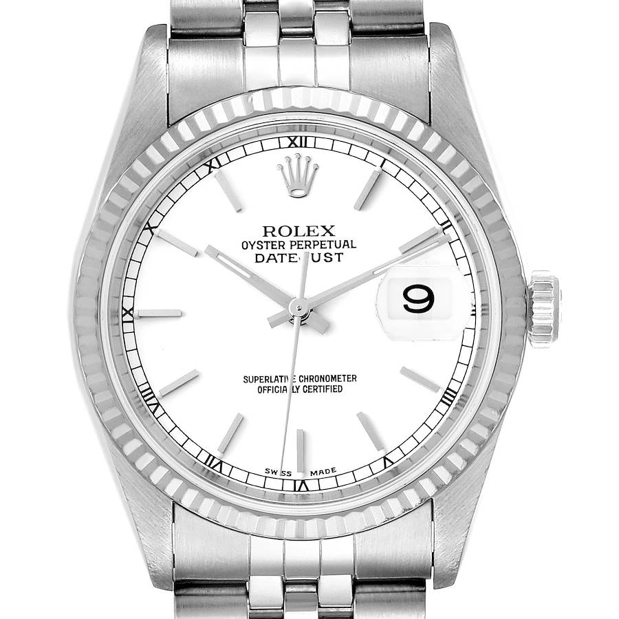 Rolex Datejust White Dial Fluted Bezel Steel White Gold Mens Watch 16234 SwissWatchExpo