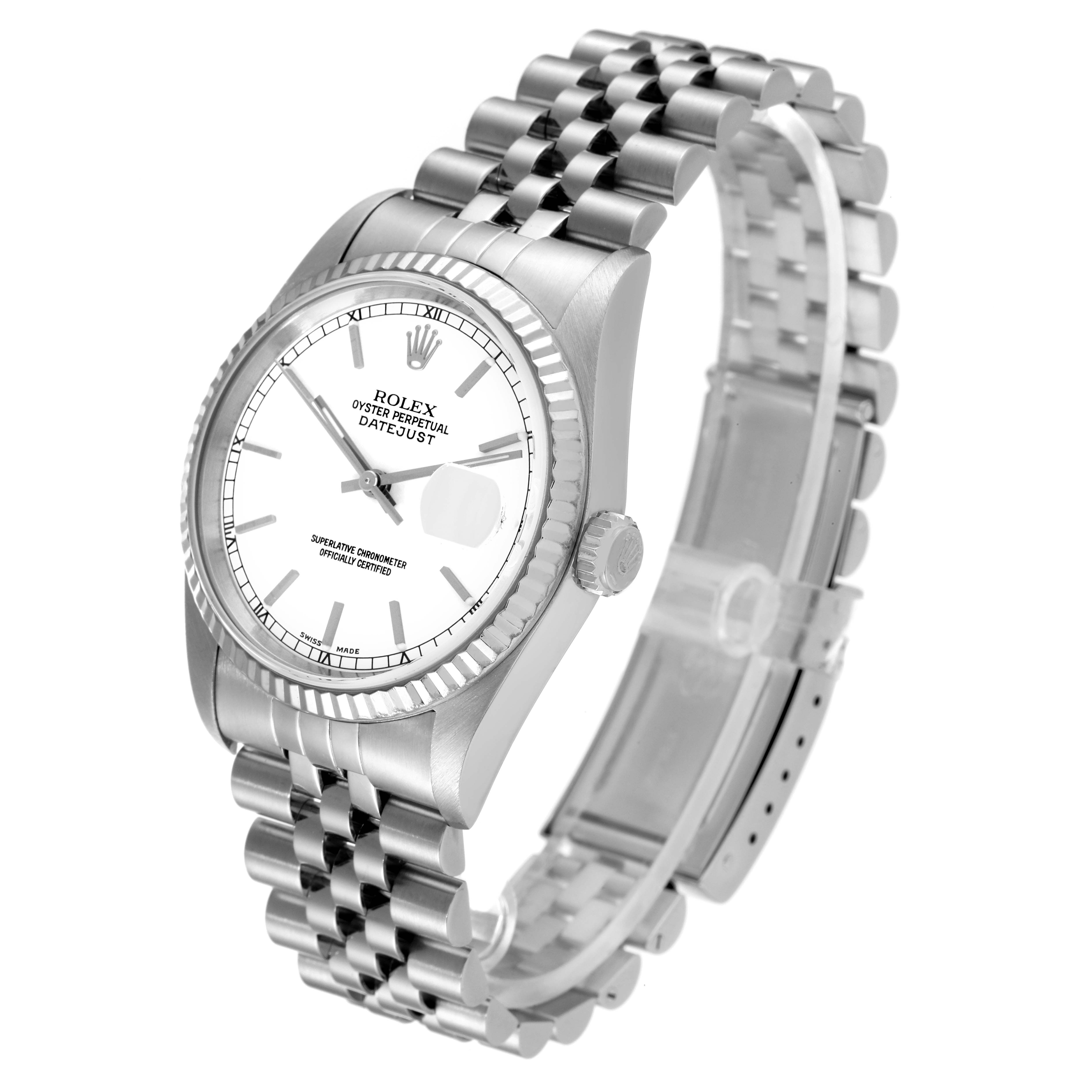 The image shows a Rolex Datejust 16234 Men's Stainless Steel White Dial 16234 Men's Stainless Steel White Dial watch at a front-right angle, highlighting its white dial, fluted bezel, and jubilee bracelet.