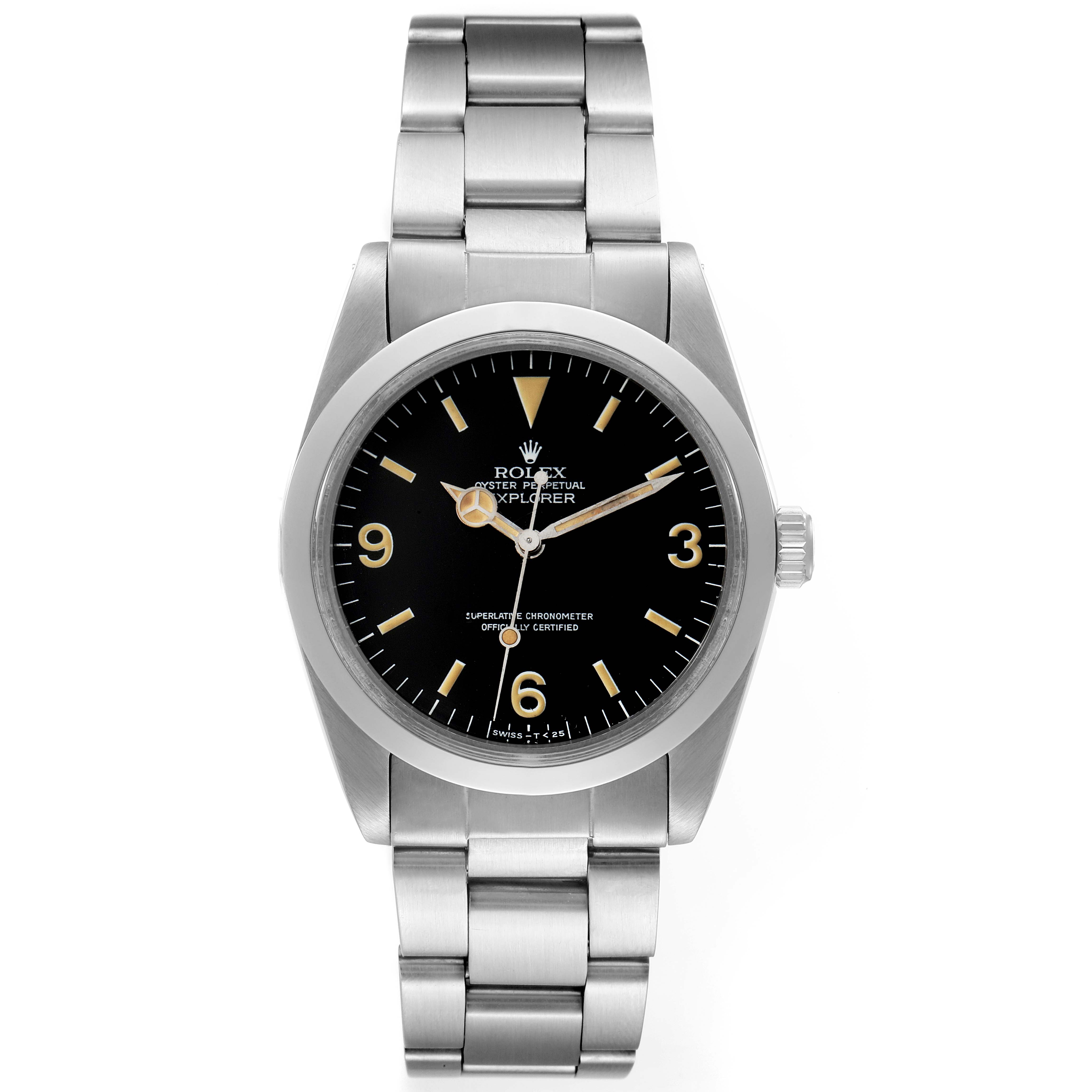 The image shows a frontal view of a Vintage Collection Rolex Explorer watch, displaying the dial, bezel, case, and bracelet.