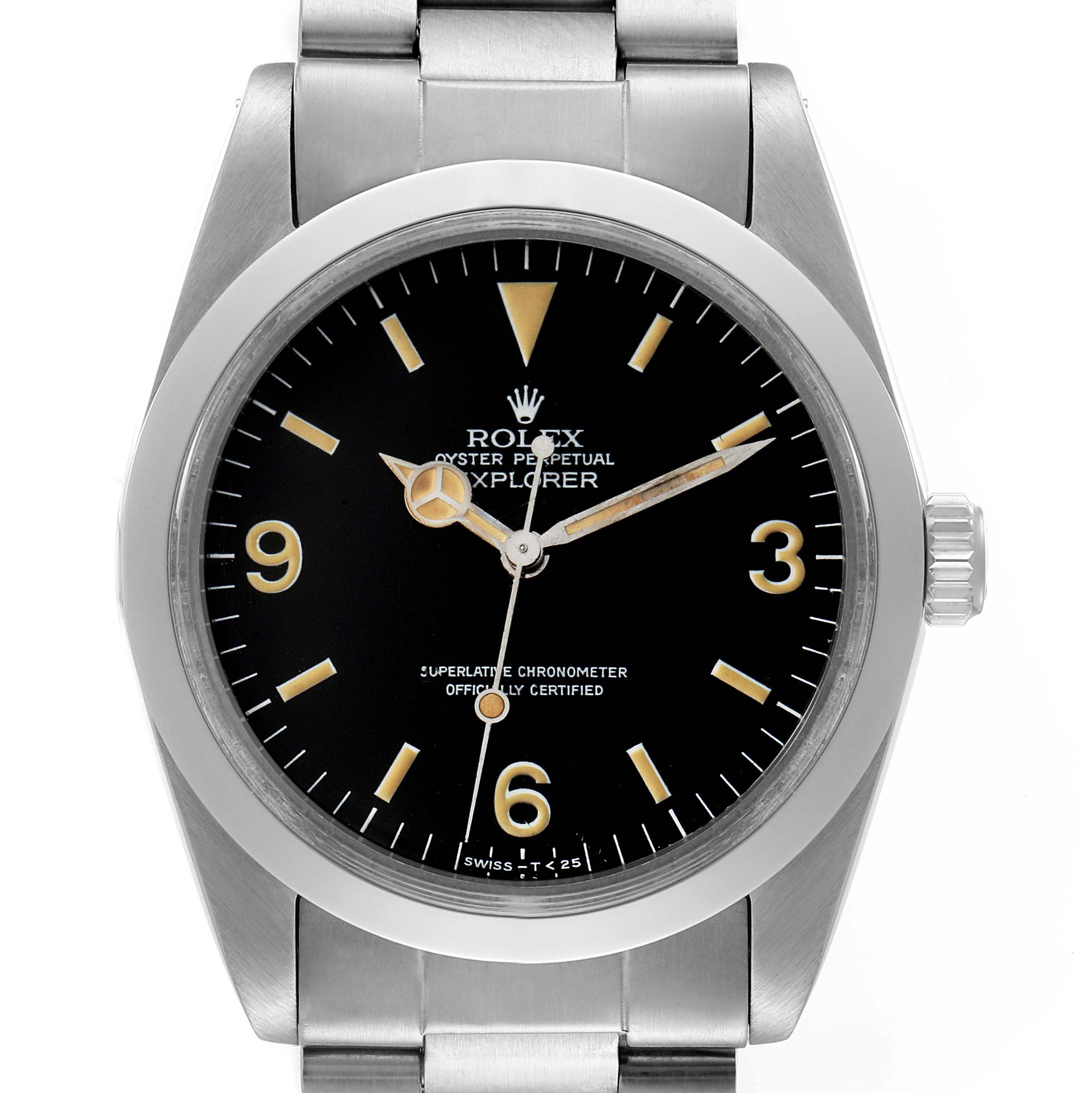 This image shows a front view of the Rolex Vintage Collection 1016 Men's Stainless Steel Black Dial 1016 Men's Stainless Steel Black Dial model watch, detailing the dial, hands, and bracelet.