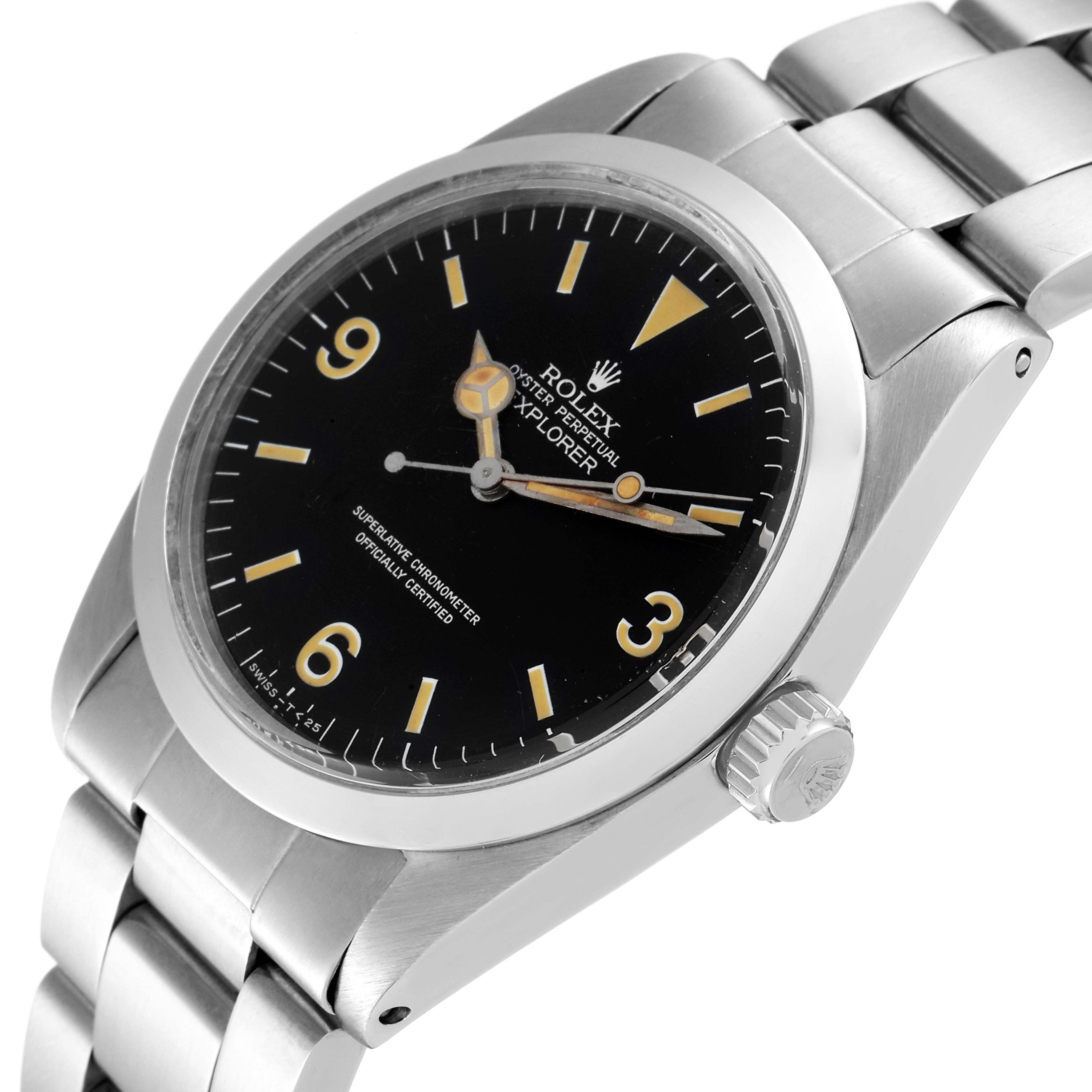 The Rolex Vintage Collection 1016 Men's Stainless Steel Black Dial 1016 Men's Stainless Steel Black Dial model watch is shown from a slight side angle, highlighting the face, bezel, and part of the metal bracelet.
