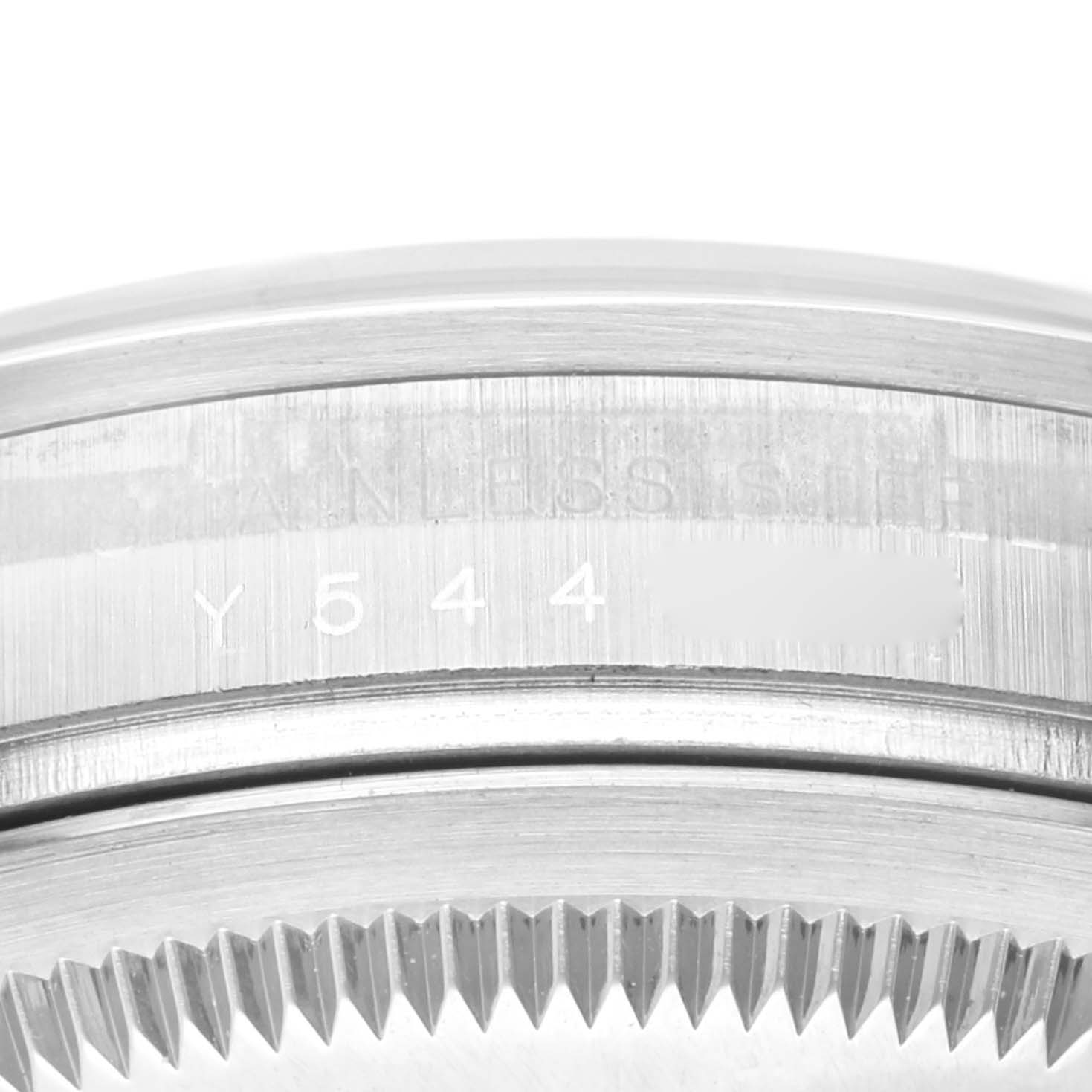 This image shows a close-up of the side of the case and the bezel of a Rolex Explorer 114270 Men
s Stainless Steel Black Dial 114270 Men
s Stainless Steel Black Dial watch.