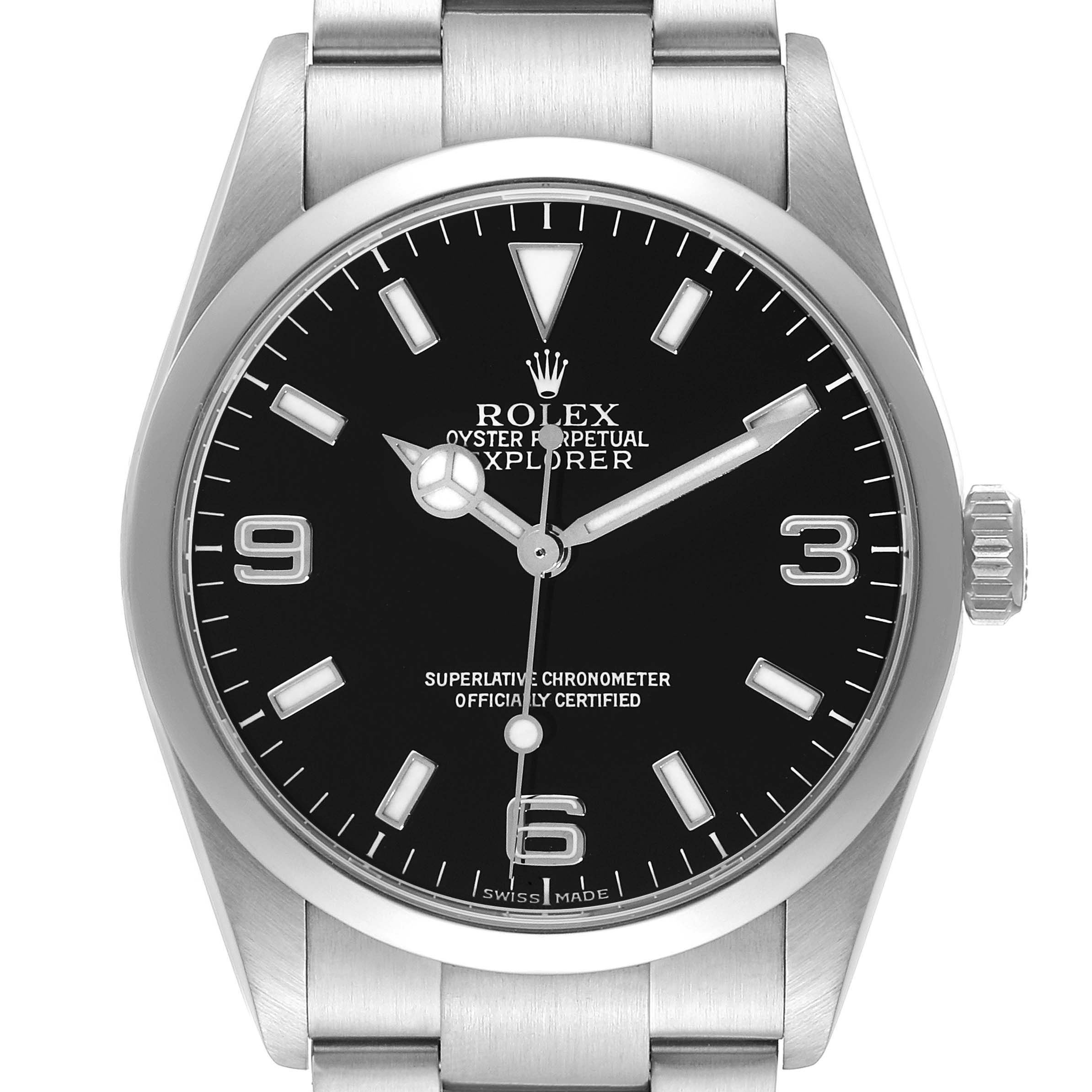The image shows a front view of a Rolex Explorer 114270 Men
s Stainless Steel Black Dial 114270 Men
s Stainless Steel Black Dial watch, highlighting its black dial, hour markers, and stainless steel bracelet.