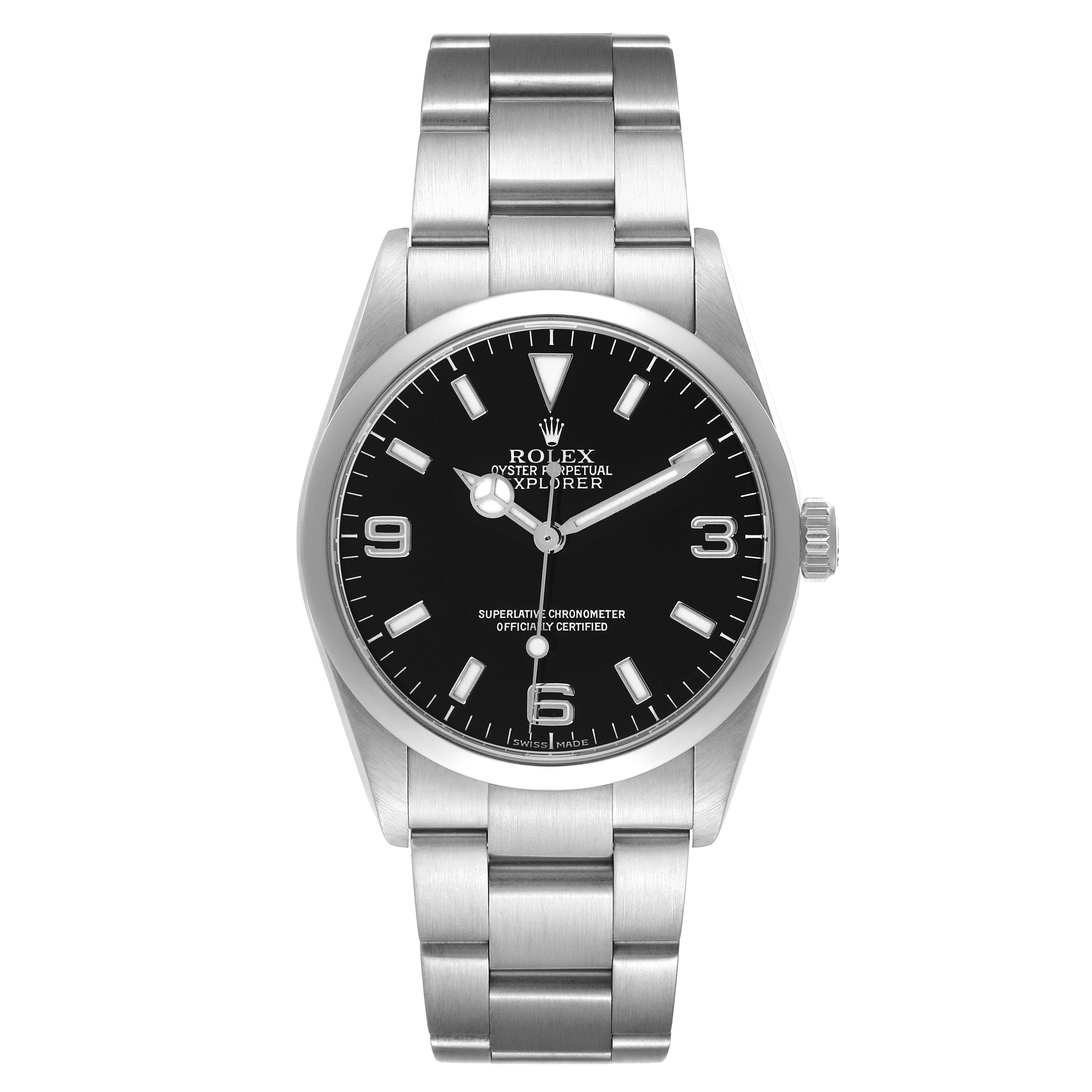 This image shows a front view of a Rolex Explorer 114270 Men
s Stainless Steel Black Dial 114270 Men
s Stainless Steel Black Dial watch, displaying the dial, bezel, crown, and bracelet.