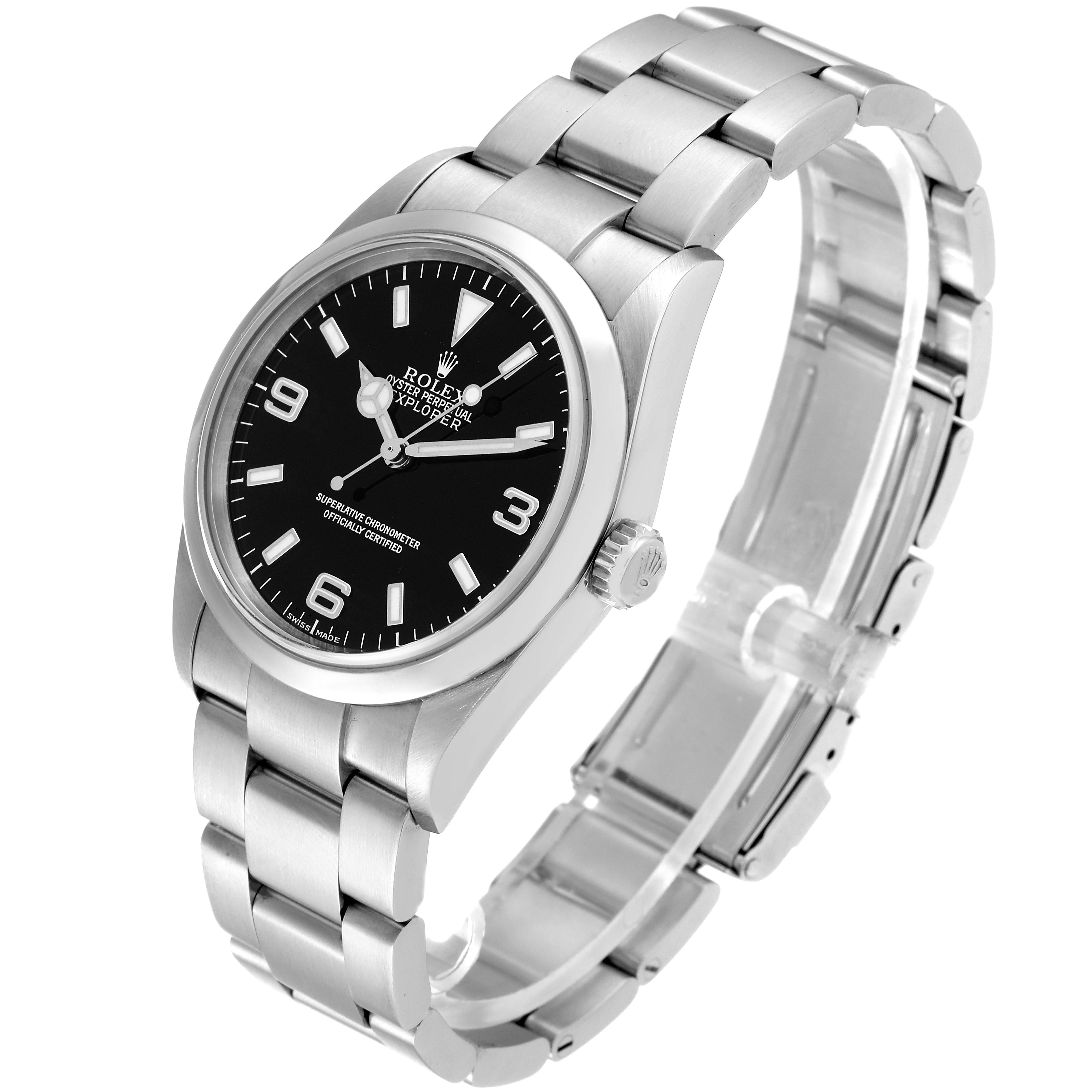 The Rolex Explorer 114270 Men
s Stainless Steel Black Dial 114270 Men
s Stainless Steel Black Dial watch is shown at a three-quarter angle, displaying the face, bezel, crown, and bracelet.