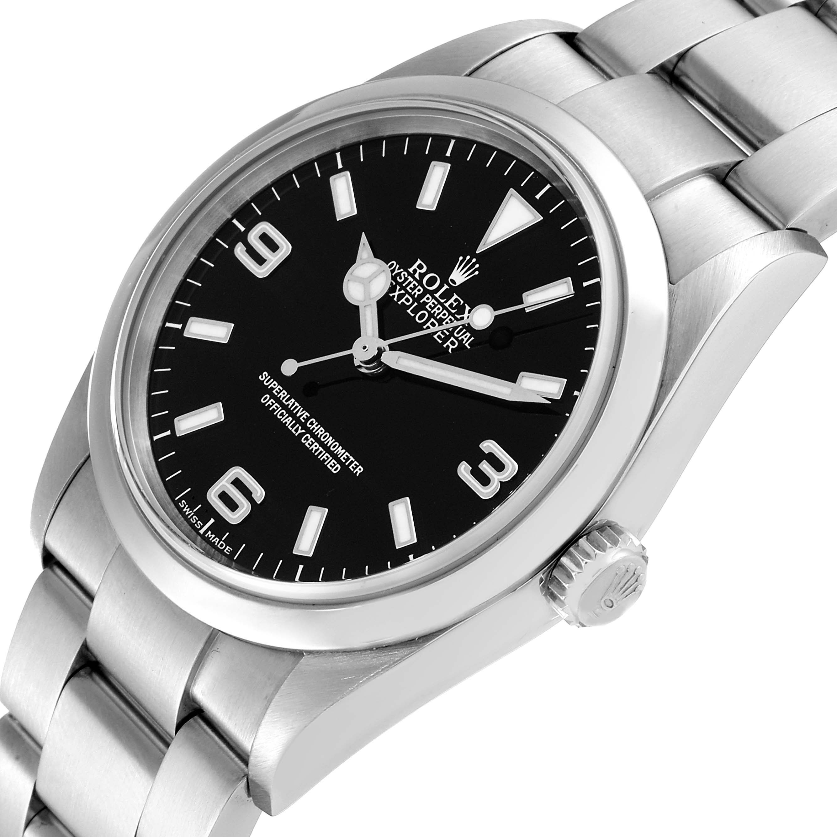 The image shows a side view of the Rolex Explorer 114270 Men
s Stainless Steel Black Dial 114270 Men
s Stainless Steel Black Dial watch face and part of the bracelet.