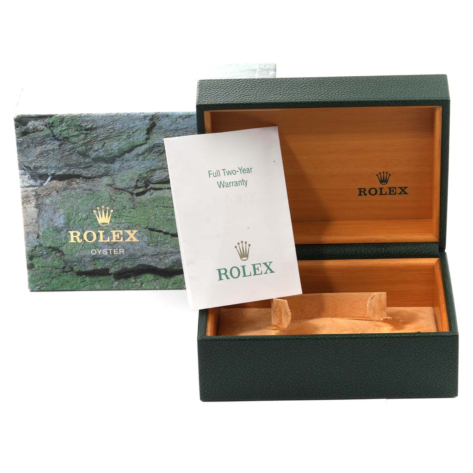 The image shows the packaging box and warranty card for a Rolex Explorer 114270 Men
s Stainless Steel Black Dial 114270 Men
s Stainless Steel Black Dial watch.