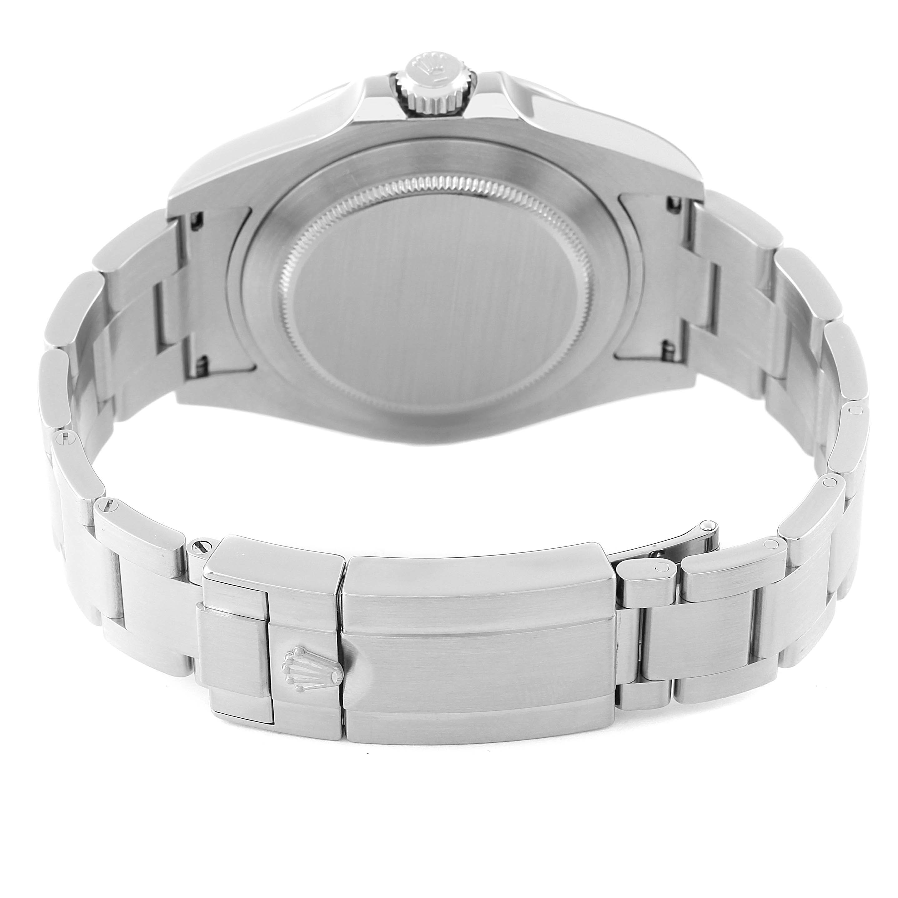 The image shows the back view of a Rolex Explorer 216570 Men
s Stainless Steel Black Dial 216570 Men
s Stainless Steel Black Dial watch, displaying the case back, crown, and clasp of the metal bracelet.