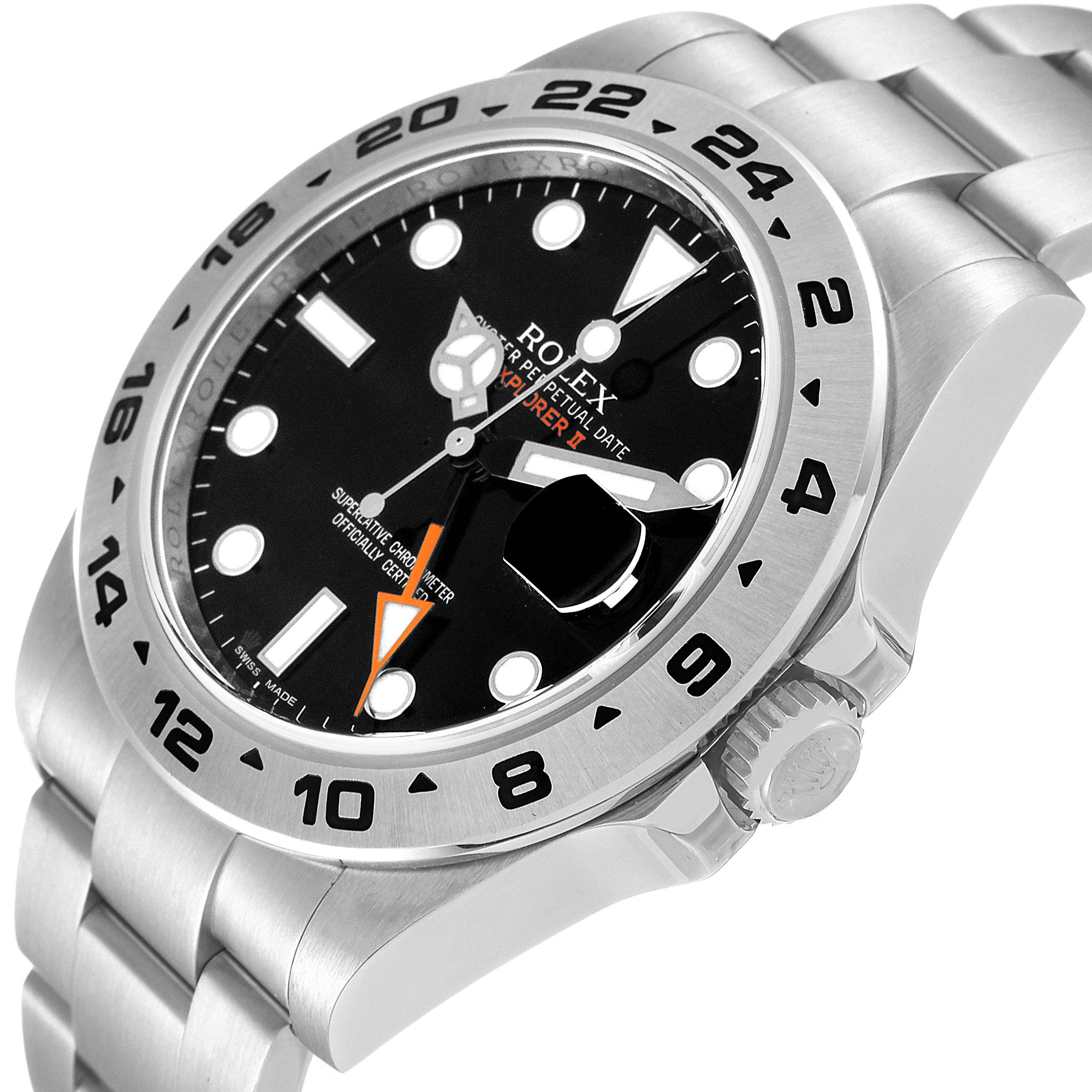 This image shows a close-up angle of the face, bezel, crown, and part of the bracelet of a Rolex Explorer 216570 Men
s Stainless Steel Black Dial 216570 Men
s Stainless Steel Black Dial watch.