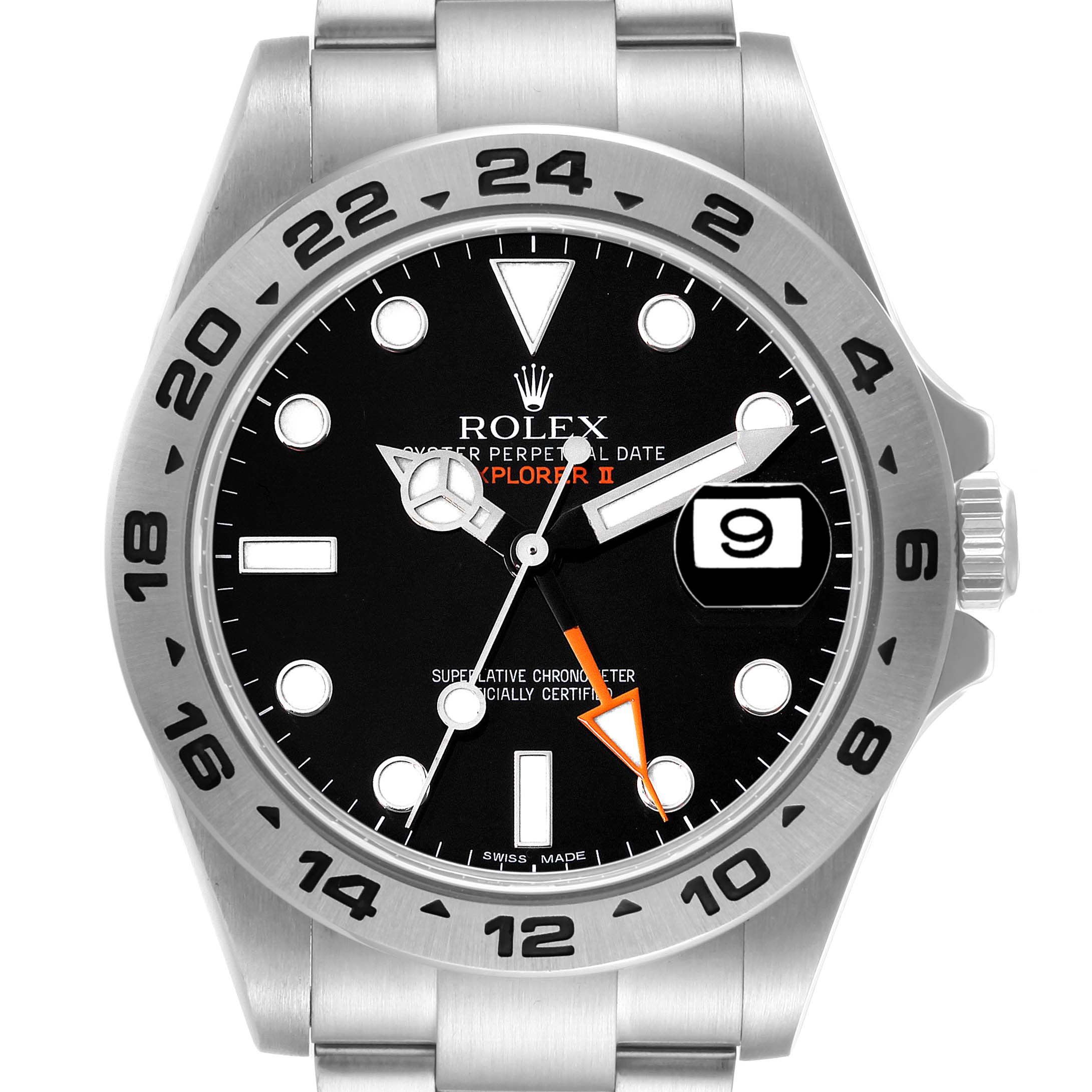 The image shows a Rolex Explorer 216570 Men
s Stainless Steel Black Dial 216570 Men
s Stainless Steel Black Dial model watch from a front-on angle, highlighting the face, bezel, hands, and date window.