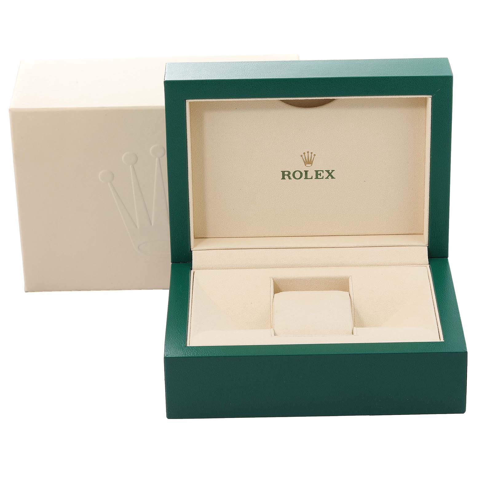 The image shows an open Rolex watch box with green exterior and cream interior for the Explorer model.