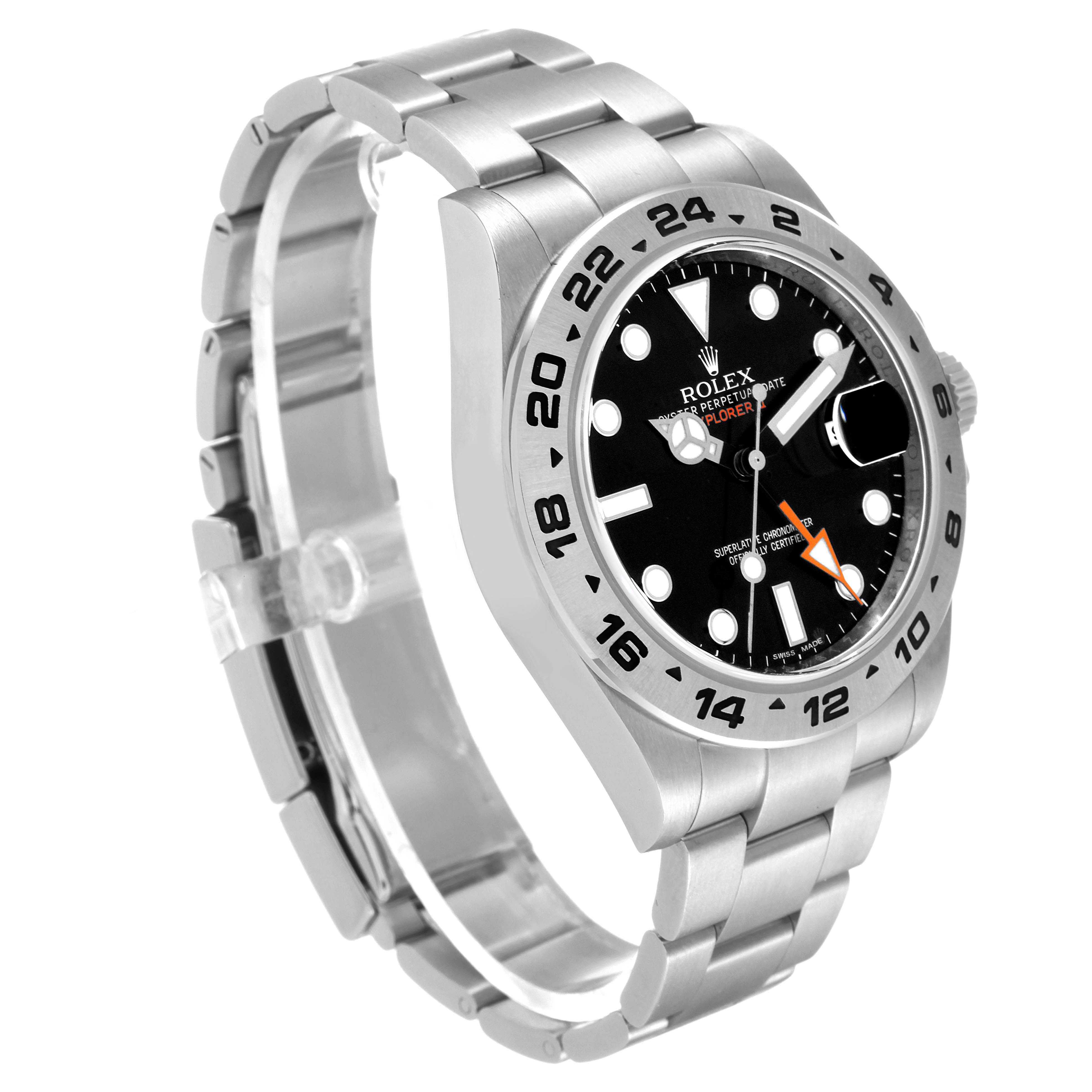 The Rolex Explorer 216570 Men
s Stainless Steel Black Dial 216570 Men
s Stainless Steel Black Dial watch is shown at a three-quarter angle, highlighting the dial, bezel, and bracelet.