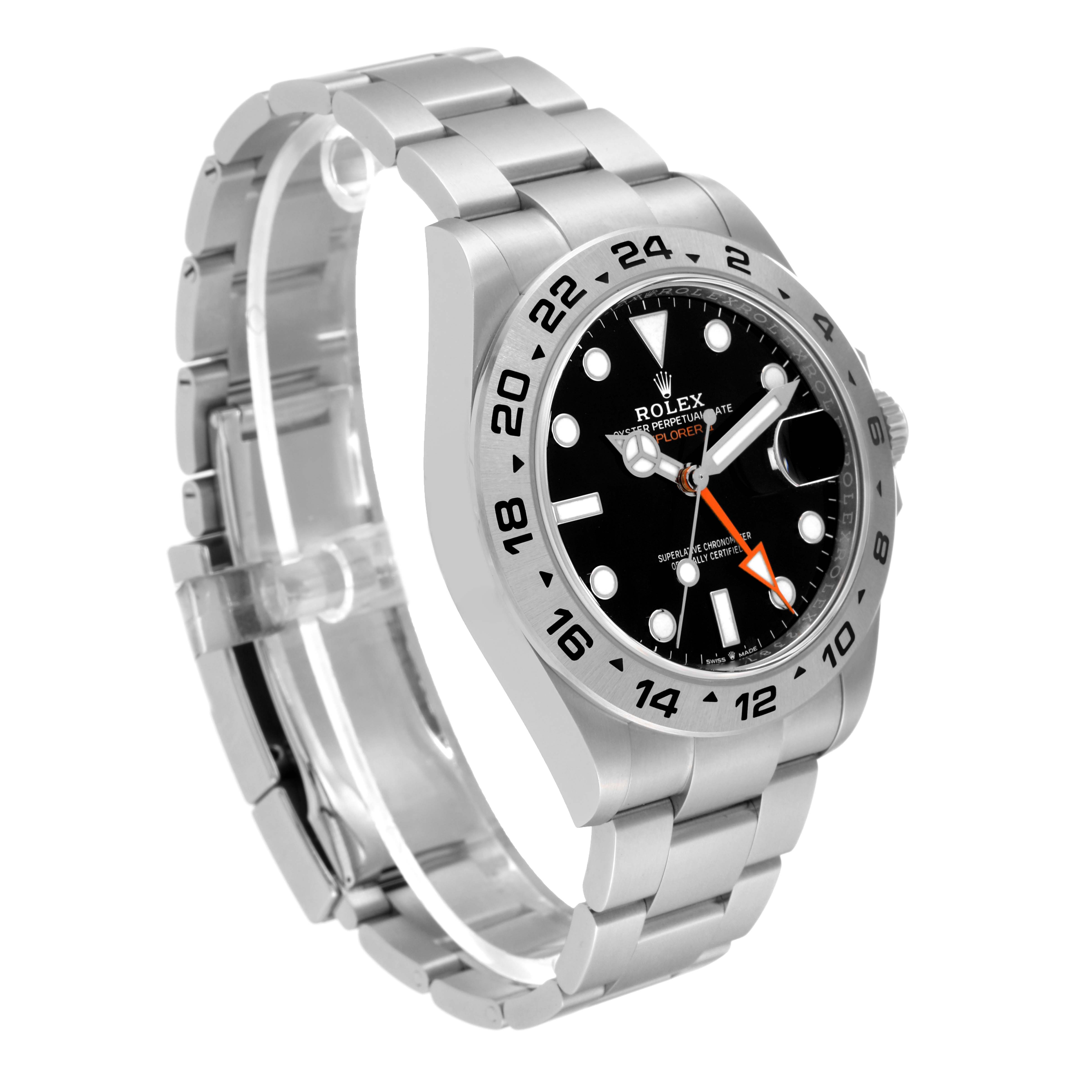 This image shows a Rolex Explorer 226570 Men
s Stainless Steel Black Dial 226570 Men
s Stainless Steel Black Dial watch, angled to display the face, bezel, and bracelet.