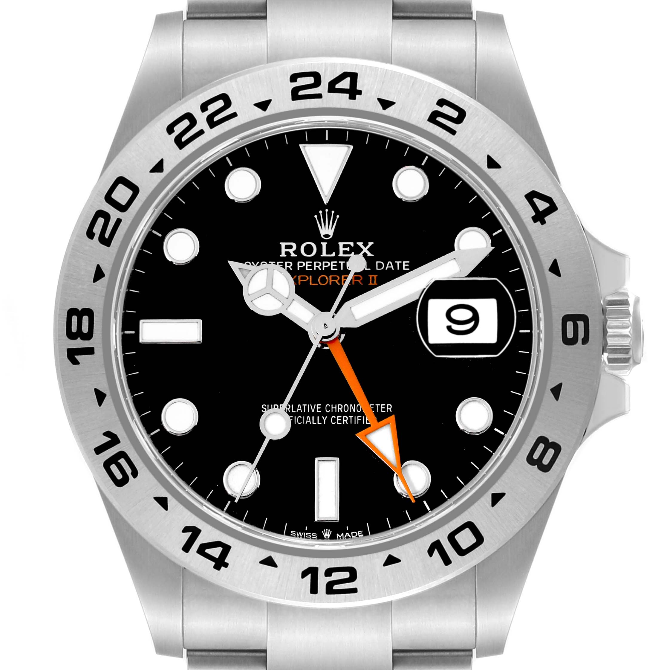 The image shows a front view of the Rolex Explorer 226570 Men
s Stainless Steel Black Dial 226570 Men
s Stainless Steel Black Dial watch face, featuring the dial, hands, and bezel.