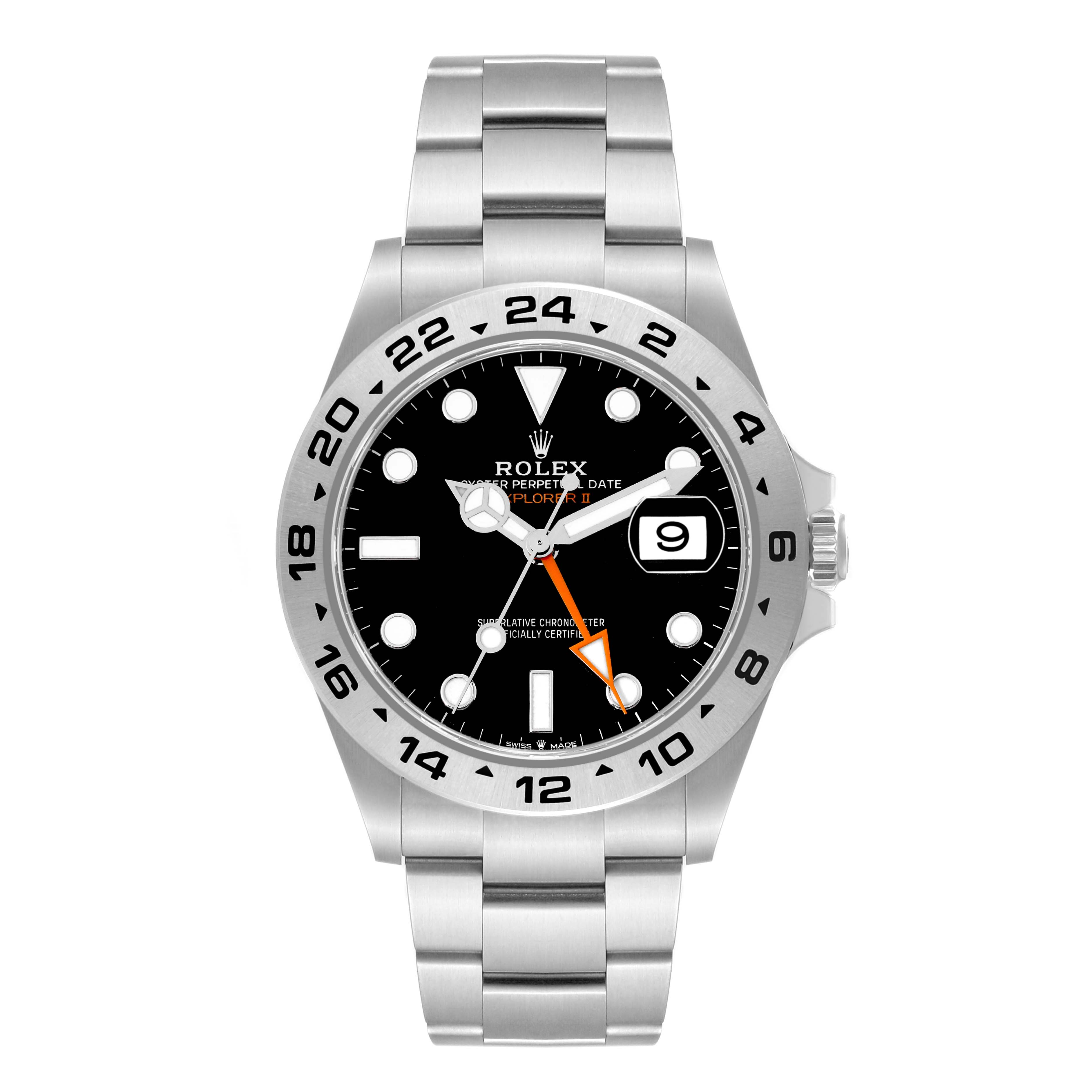 The image shows a front view of the Rolex Explorer 226570 Men
s Stainless Steel Black Dial 226570 Men
s Stainless Steel Black Dial watch, displaying its dial, bezel, bracelet, and date window.