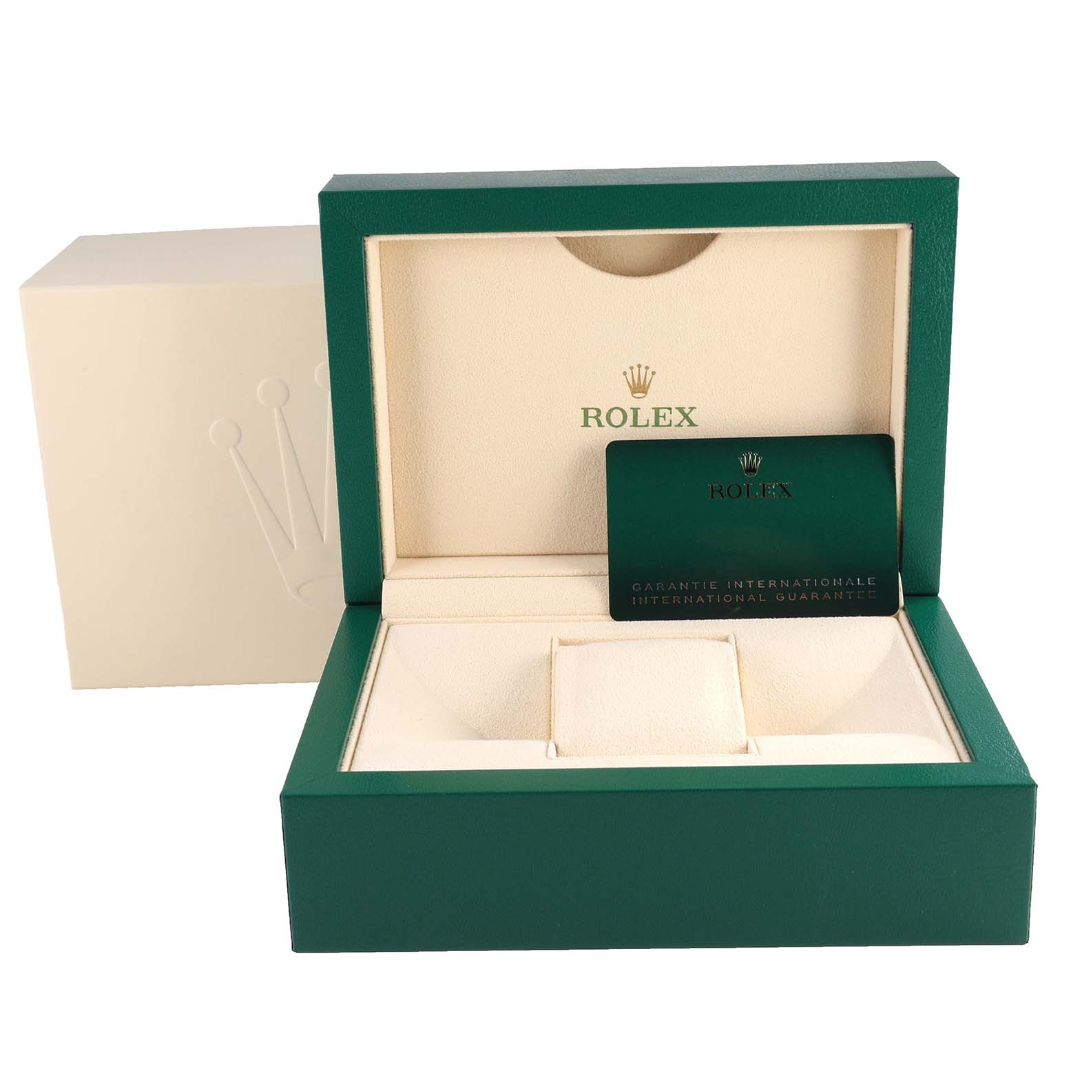 This image shows the open packaging box for a Rolex Explorer 226570 Men
s Stainless Steel Black Dial 226570 Men
s Stainless Steel Black Dial watch, including the inner cushion and warranty card.