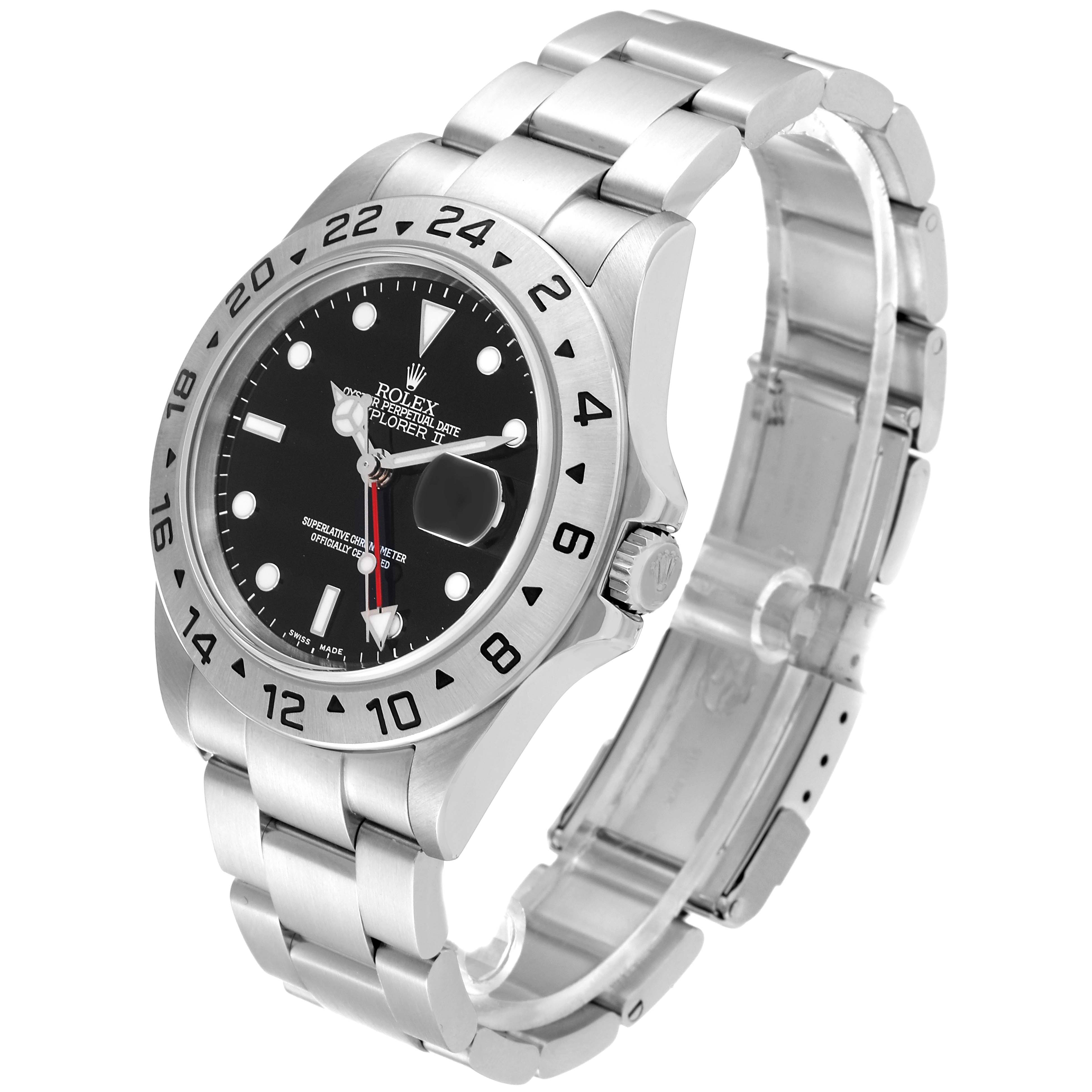 This image shows a Rolex Explorer 16570 Men's Stainless Steel Black Dial 16570 Men's Stainless Steel Black Dial watch at an angle highlighting the face, bezel, crown, and bracelet.