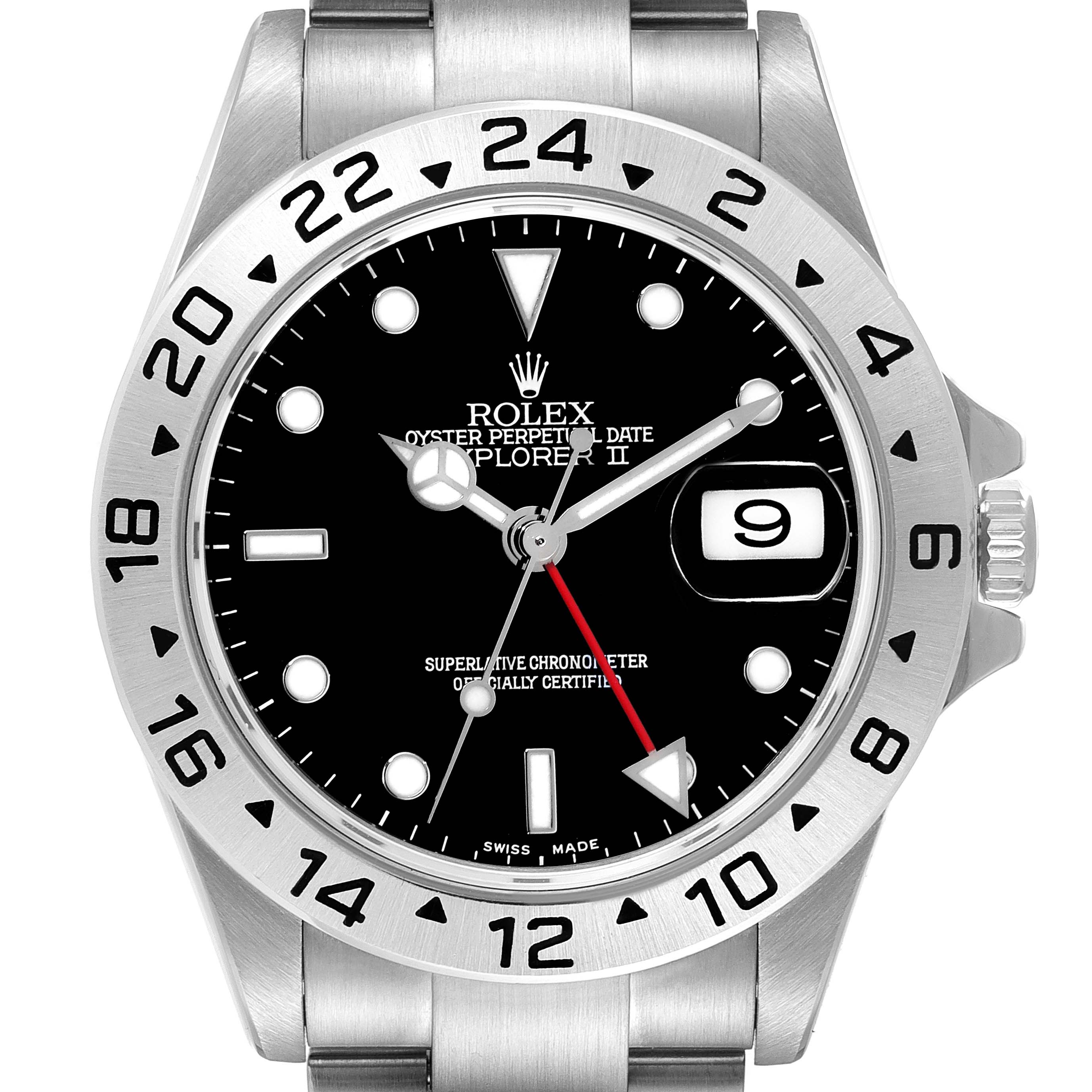 This is a frontal view of the Rolex Explorer 16570 Men's Stainless Steel Black Dial 16570 Men's Stainless Steel Black Dial watch, showing the dial, hands, bezel, date display, and part of the bracelet.