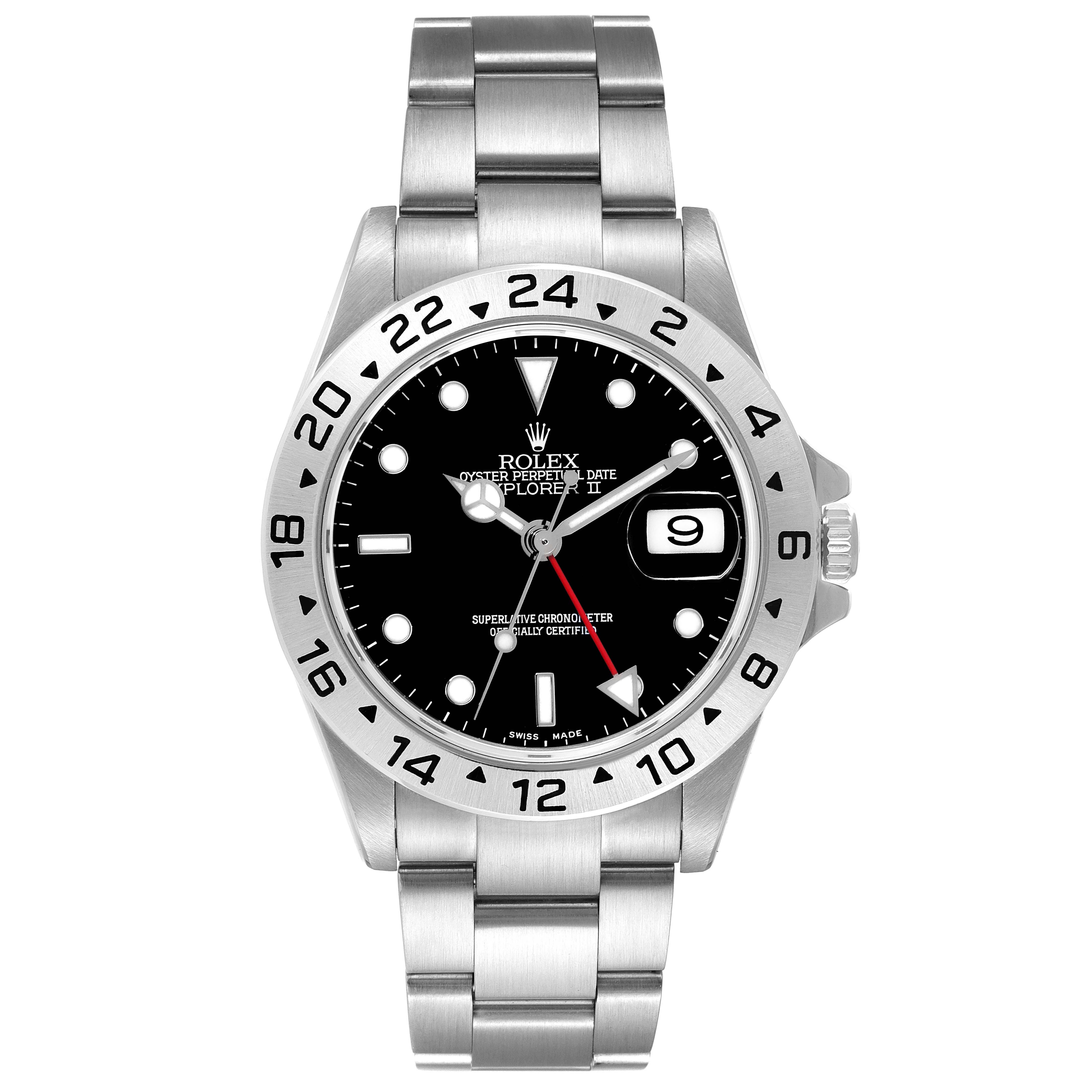 The image shows a front view of a Rolex Explorer 16570 Men's Stainless Steel Black Dial 16570 Men's Stainless Steel Black Dial watch, highlighting its bezel, dial, bracelet, and date window.