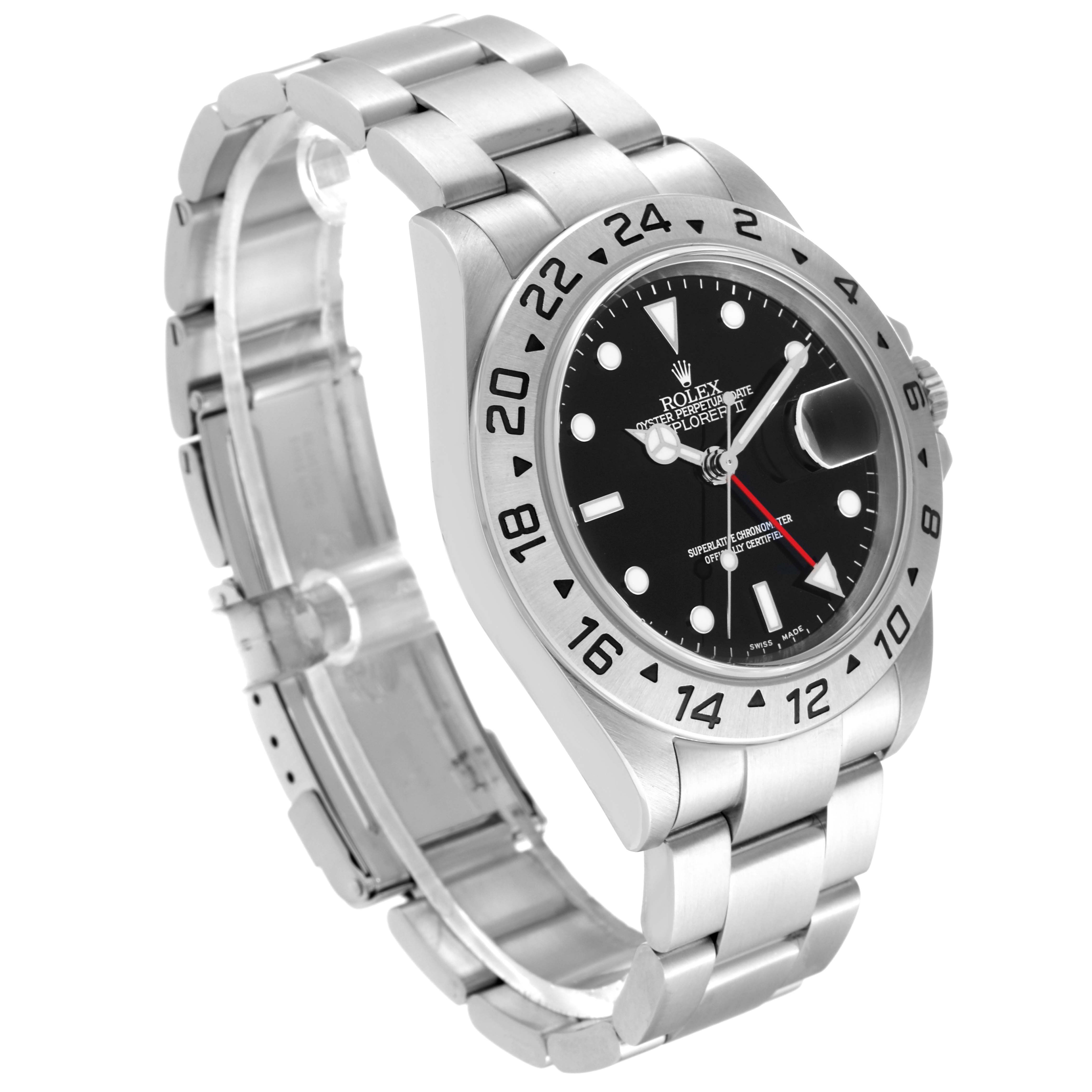 The Rolex Explorer 16570 Men's Stainless Steel Black Dial 16570 Men's Stainless Steel Black Dial watch is shown at a three-quarter angle, featuring its stainless steel bracelet and black dial with 24-hour bezel.