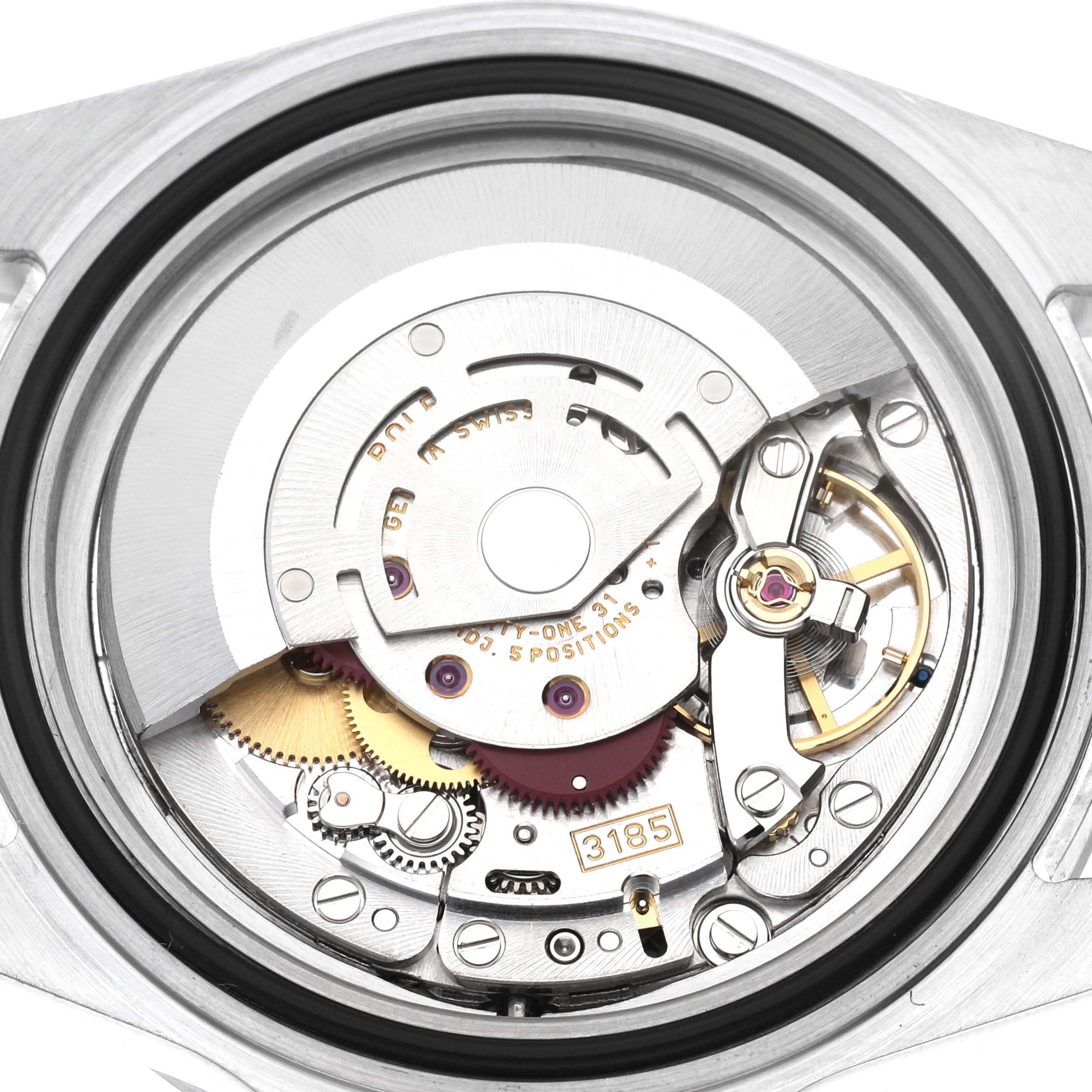 This image shows the internal movement mechanism of the Rolex Explorer 16570 Men's Stainless Steel Black Dial 16570 Men's Stainless Steel Black Dial watch from a top-down view.