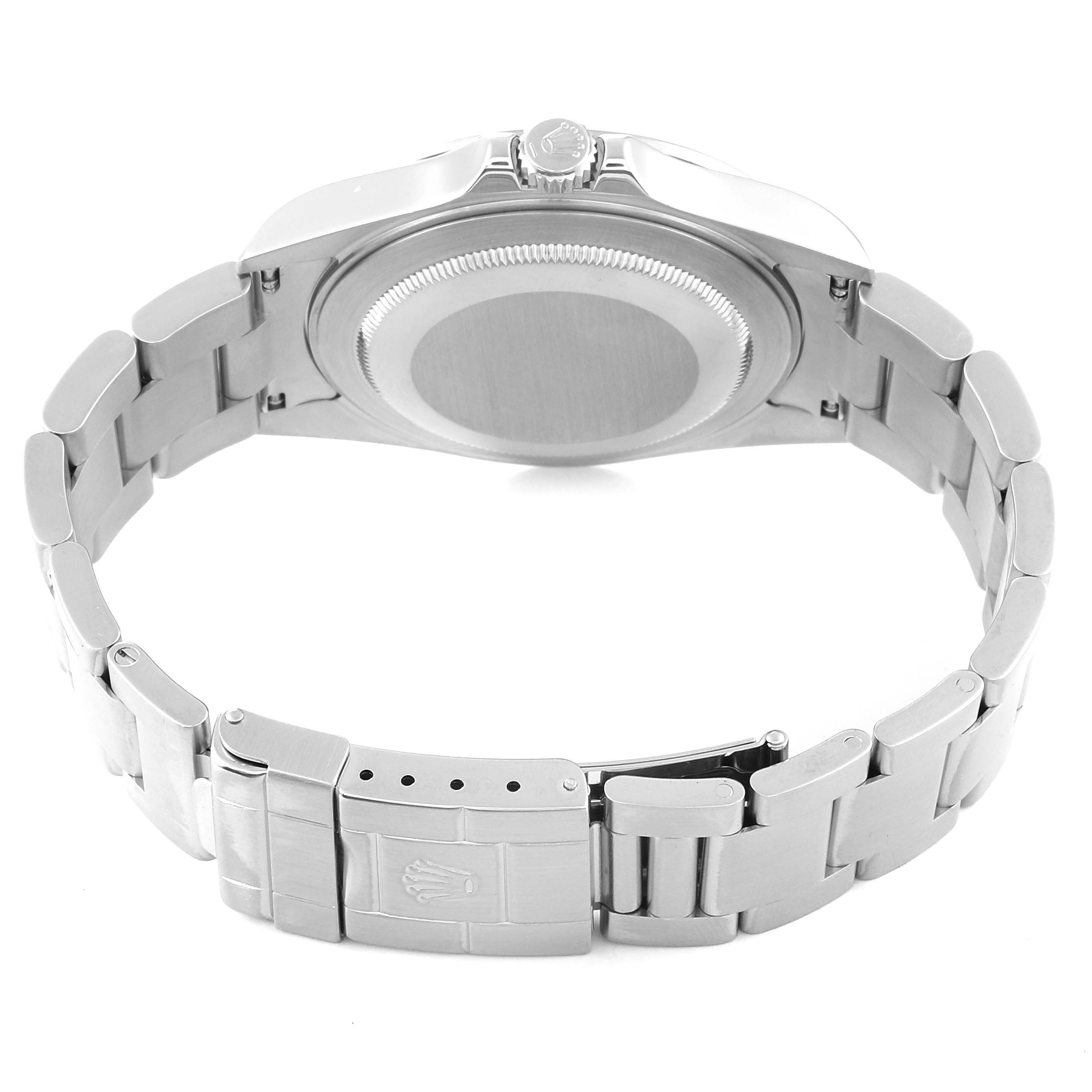 This image shows the back view of the Rolex Explorer 16570 Men's Stainless Steel Black Dial 16570 Men's Stainless Steel Black Dial watch, highlighting the clasp, bracelet, and case back.