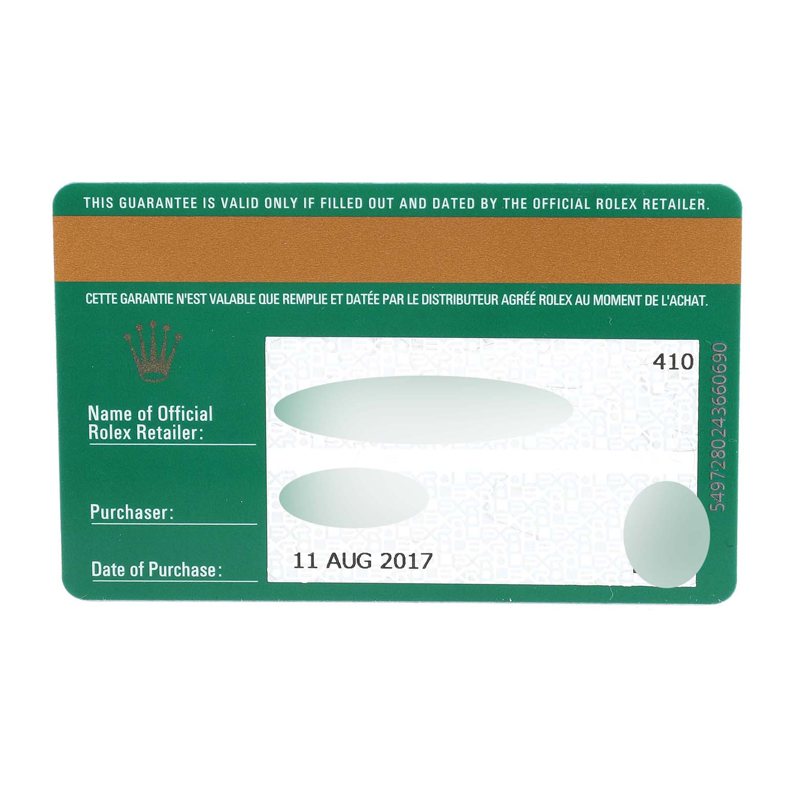 This image shows a guarantee card for a Rolex GMT-Master 116710LN Men
s Stainless Steel Black Dial 116710LN Men
s Stainless Steel Black Dial watch, including details of the retailer, purchaser, and date of purchase.