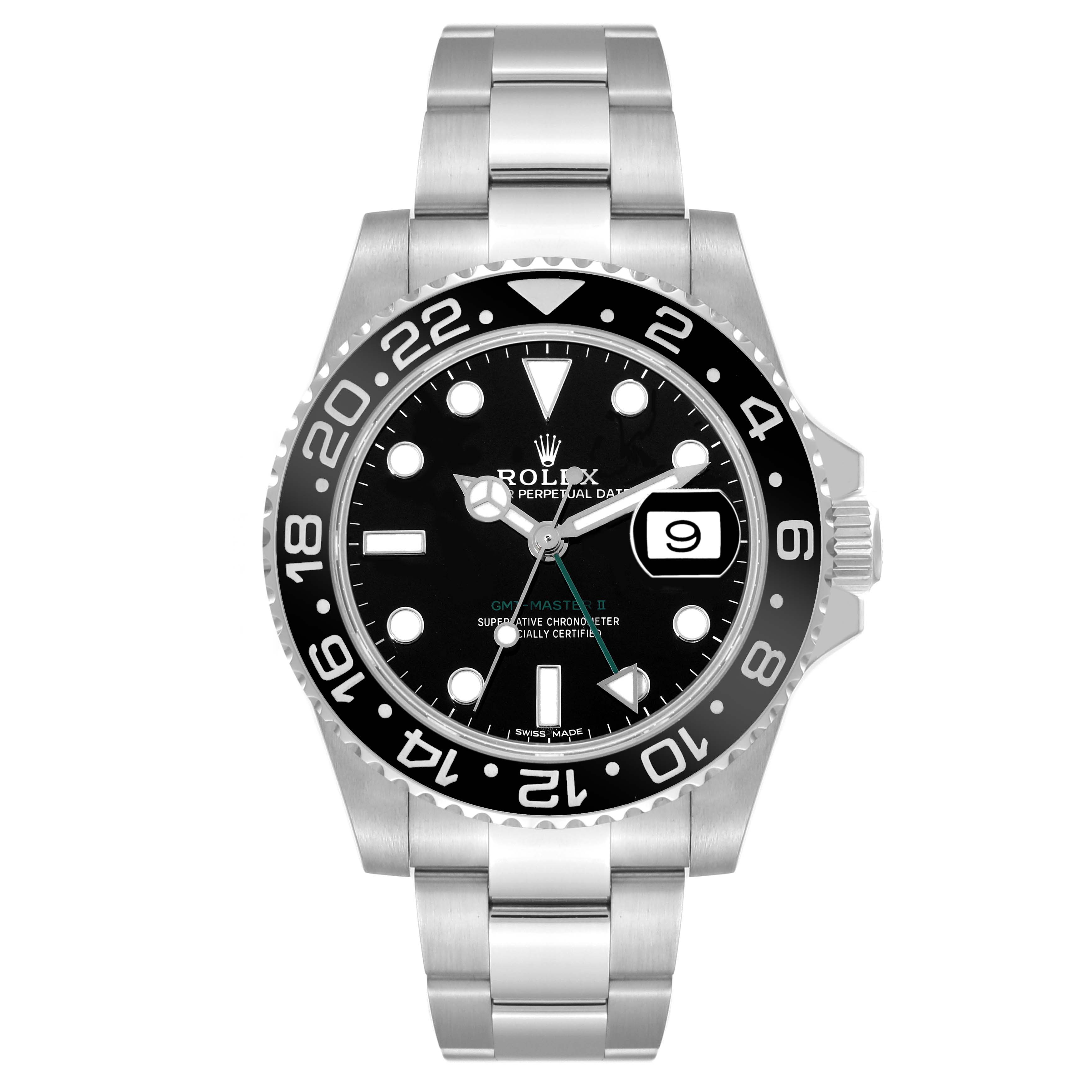 The image shows a front angle view of the Rolex GMT-Master 116710LN Men
s Stainless Steel Black Dial 116710LN Men
s Stainless Steel Black Dial watch, featuring its bezel, dial, and bracelet.