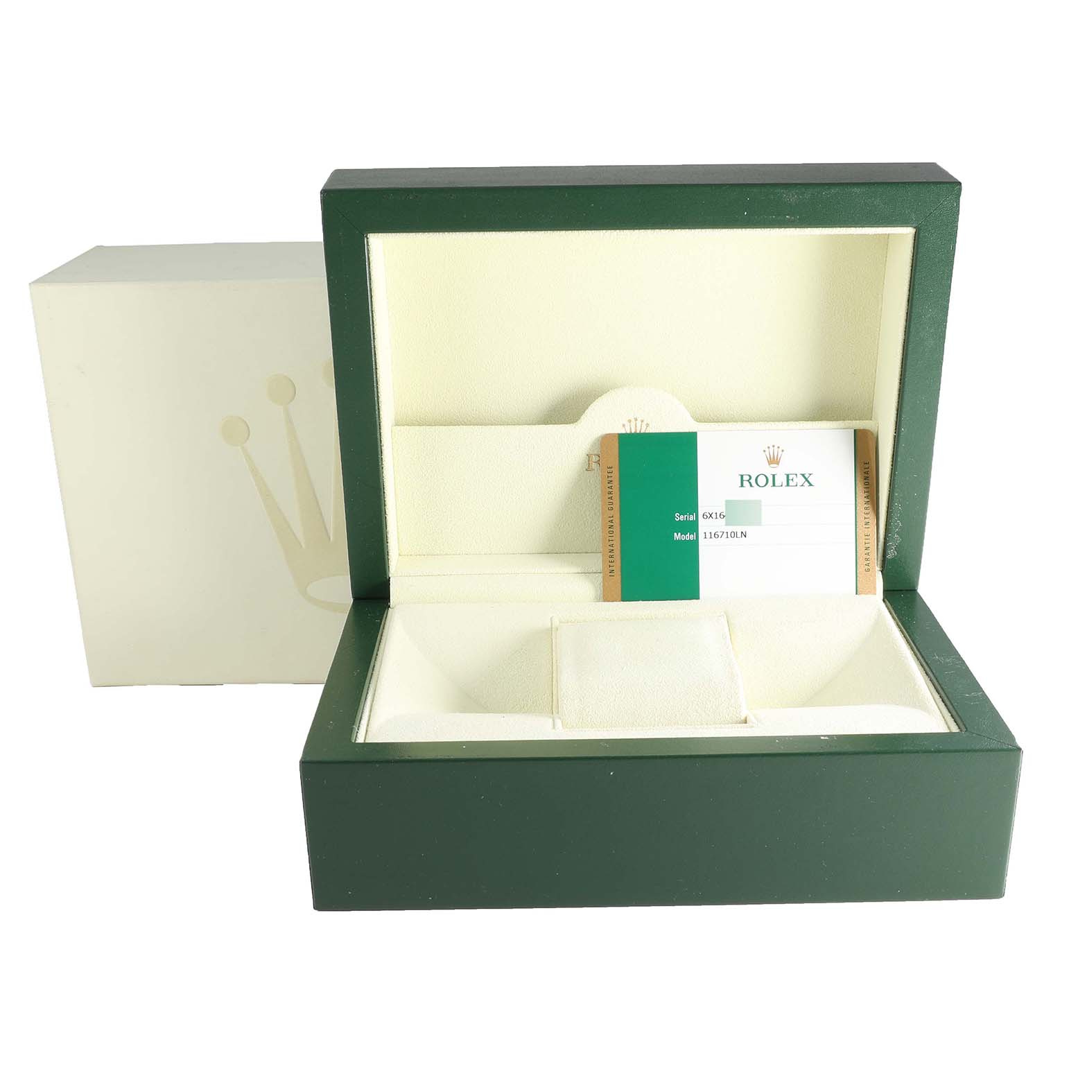 This image shows the open box and warranty card for a Rolex GMT-Master 116710LN Men
s Stainless Steel Black Dial 116710LN Men
s Stainless Steel Black Dial watch.