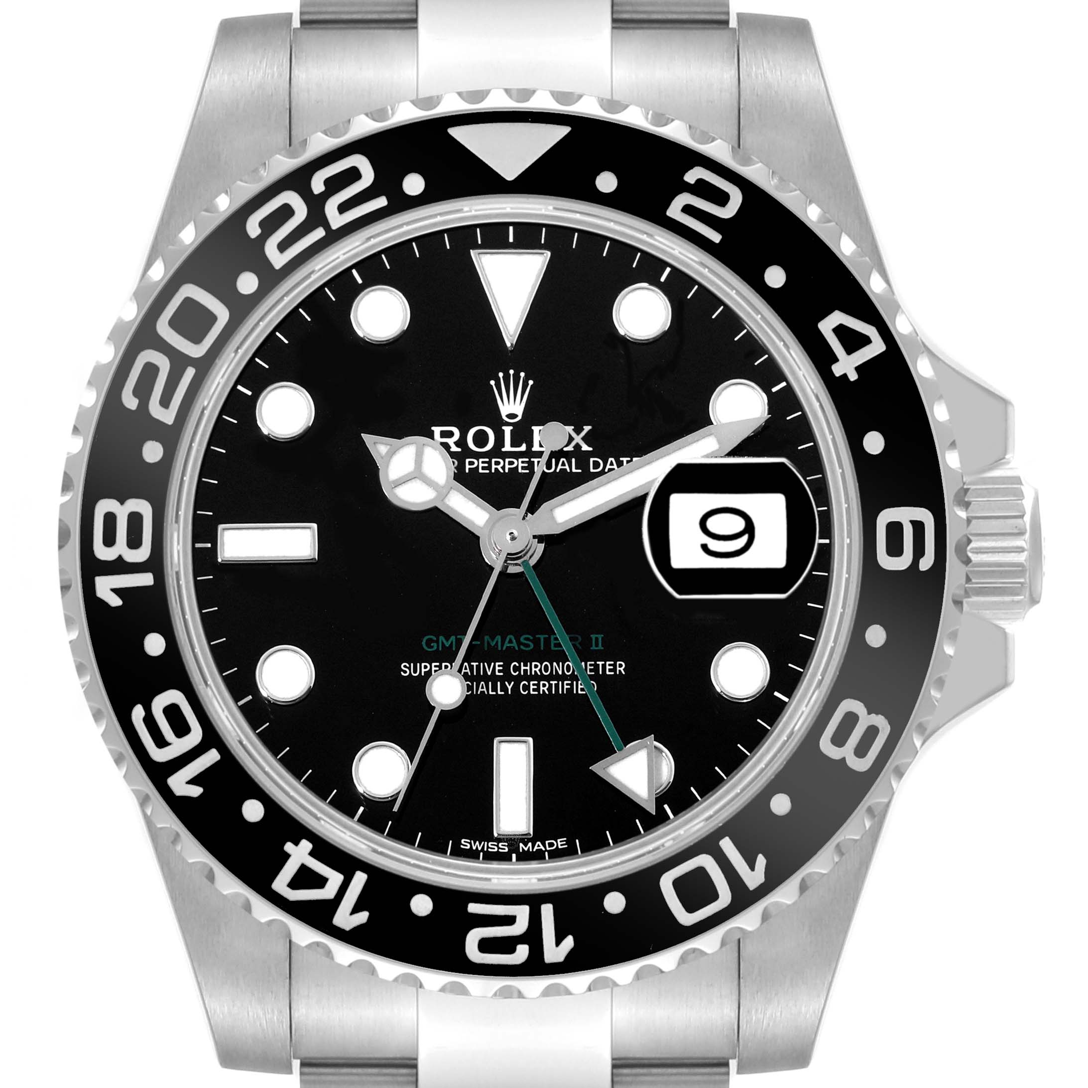 This image shows a front view of the Rolex GMT-Master 116710LN Men
s Stainless Steel Black Dial 116710LN Men
s Stainless Steel Black Dial II watch, highlighting the dial, bezel, and bracelet.