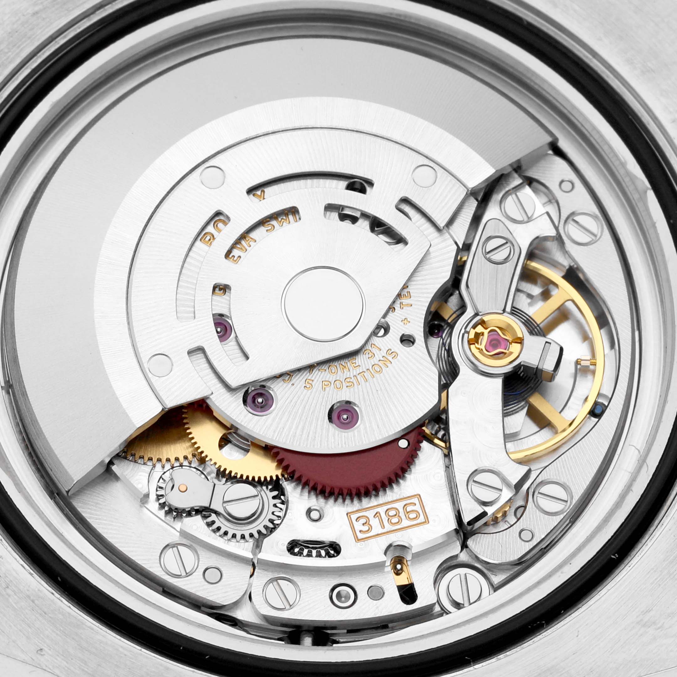 This is a close-up view of the movement mechanism of the Rolex GMT-Master 116710LN Men
s Stainless Steel Black Dial 116710LN Men
s Stainless Steel Black Dial watch.