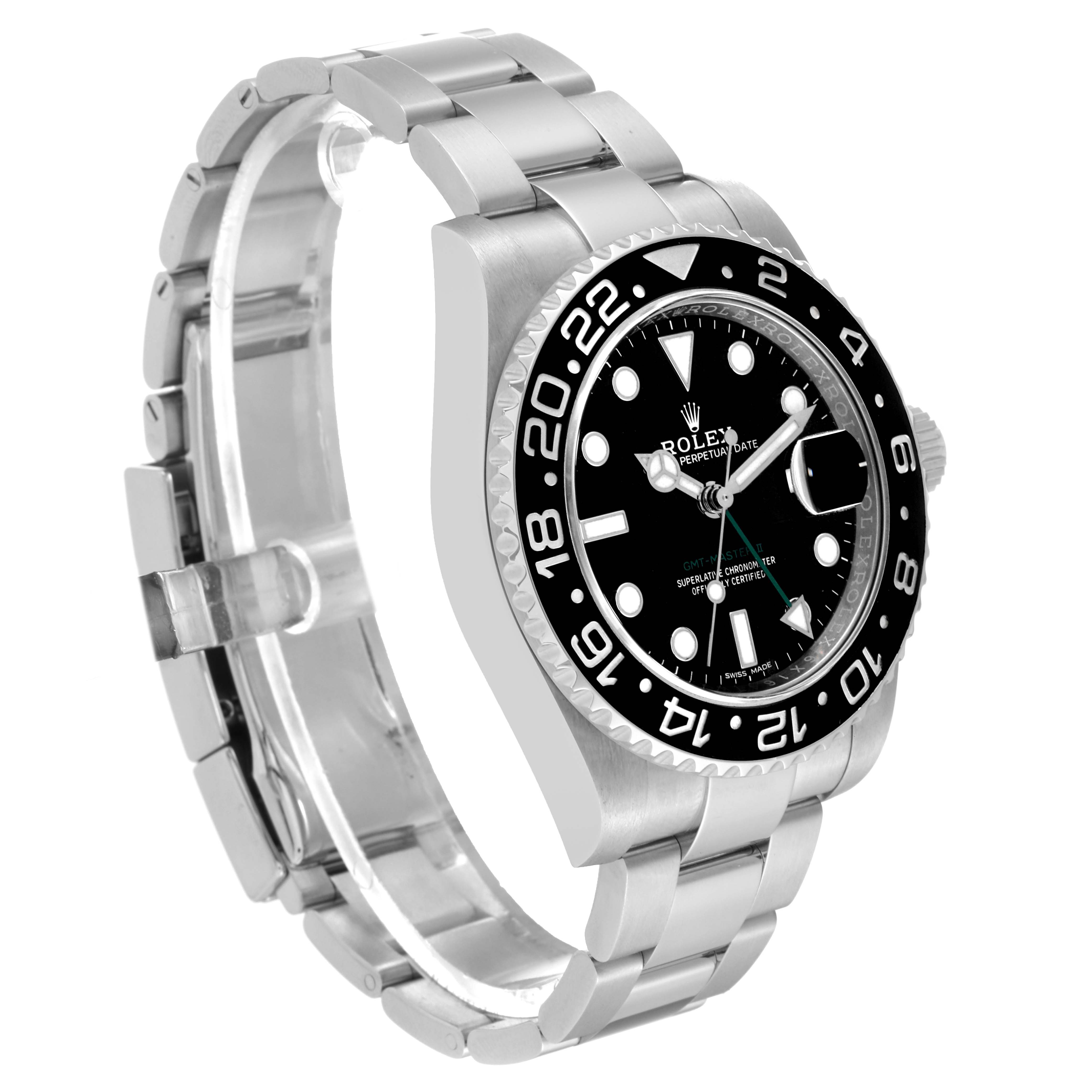 The Rolex GMT-Master 116710LN Men
s Stainless Steel Black Dial 116710LN Men
s Stainless Steel Black Dial watch is shown at an angle displaying its face, bezel, and metal bracelet.