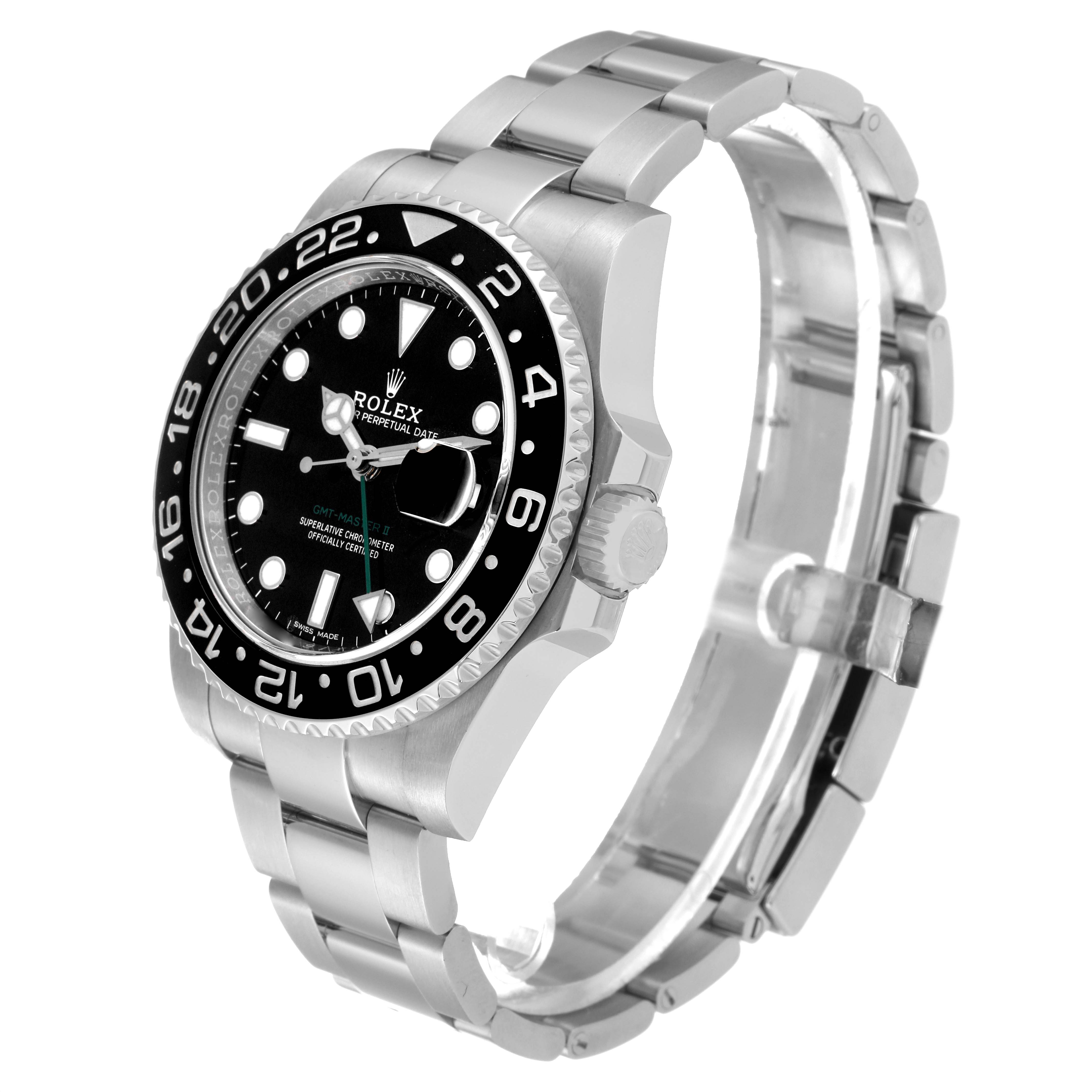 The image shows a side angle of a Rolex GMT-Master 116710LN Men
s Stainless Steel Black Dial 116710LN Men
s Stainless Steel Black Dial watch, highlighting its face, bezel, crown, and bracelet.