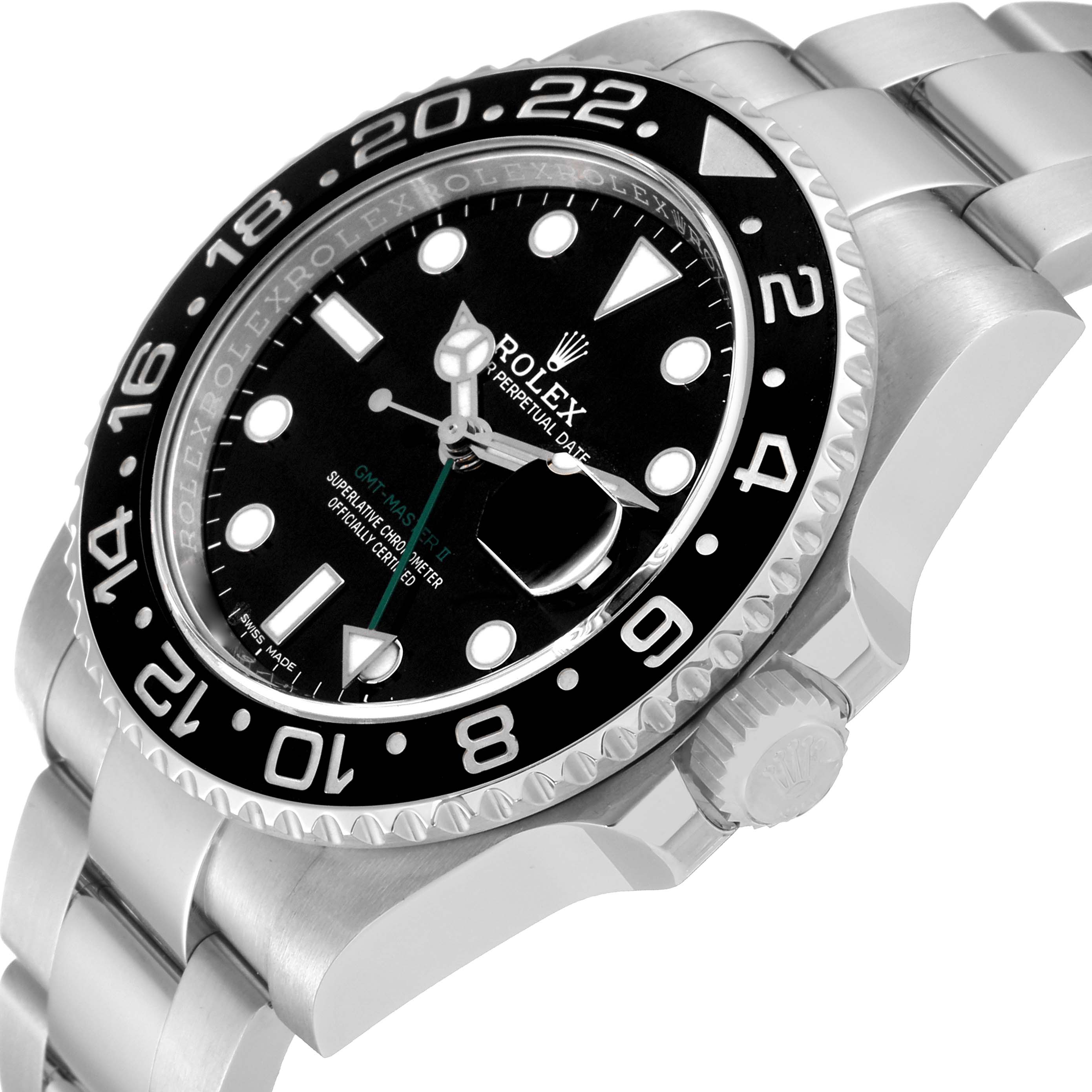 The image shows a close-up of a Rolex GMT-Master 116710LN Men
s Stainless Steel Black Dial 116710LN Men
s Stainless Steel Black Dial watch, highlighting the bezel, face, crown, and part of the bracelet.