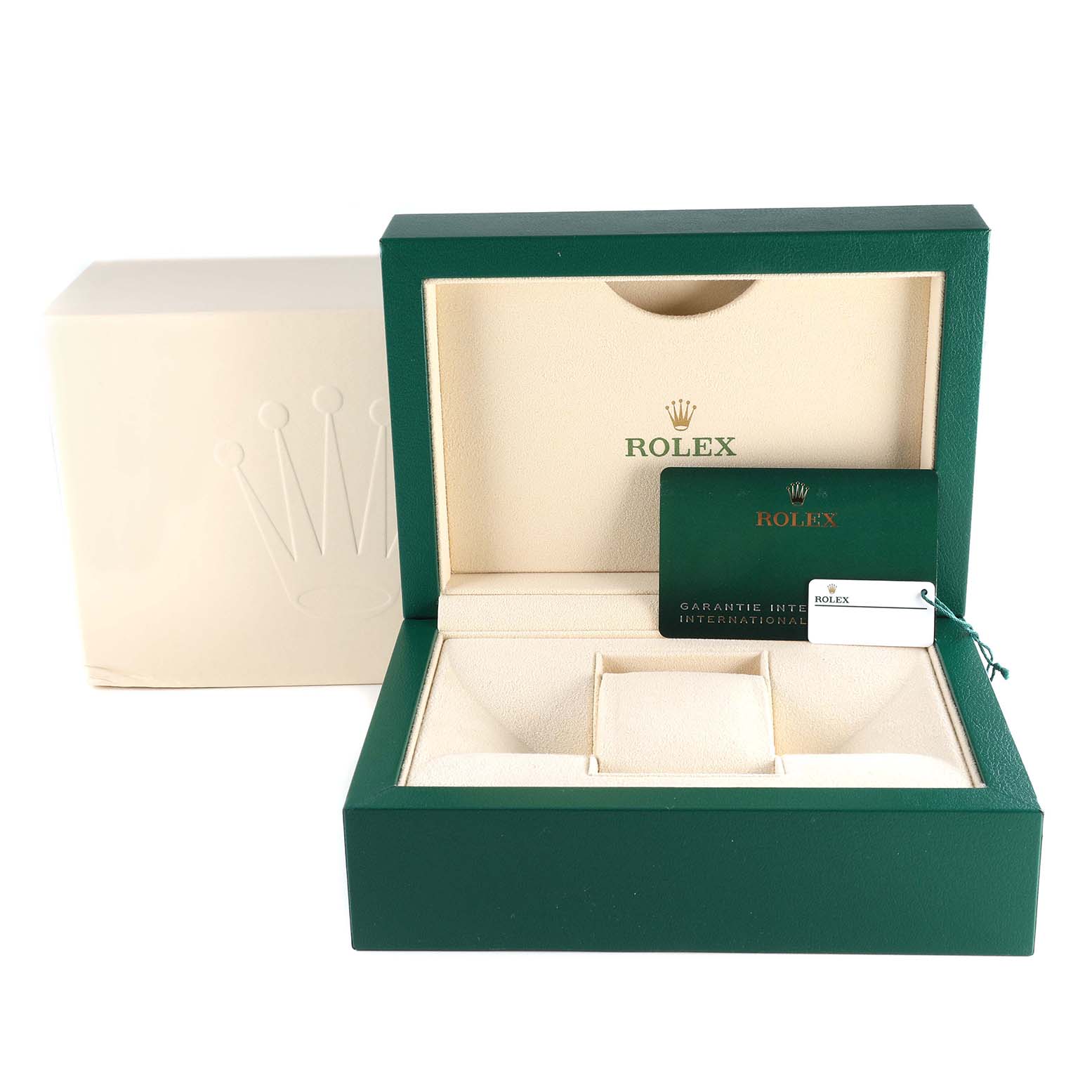 The image shows the open box and warranty card for a Rolex GMT-Master 126710BLRO Men's Stainless Steel Black Dial 126710BLRO Men's Stainless Steel Black Dial watch, without the watch present.