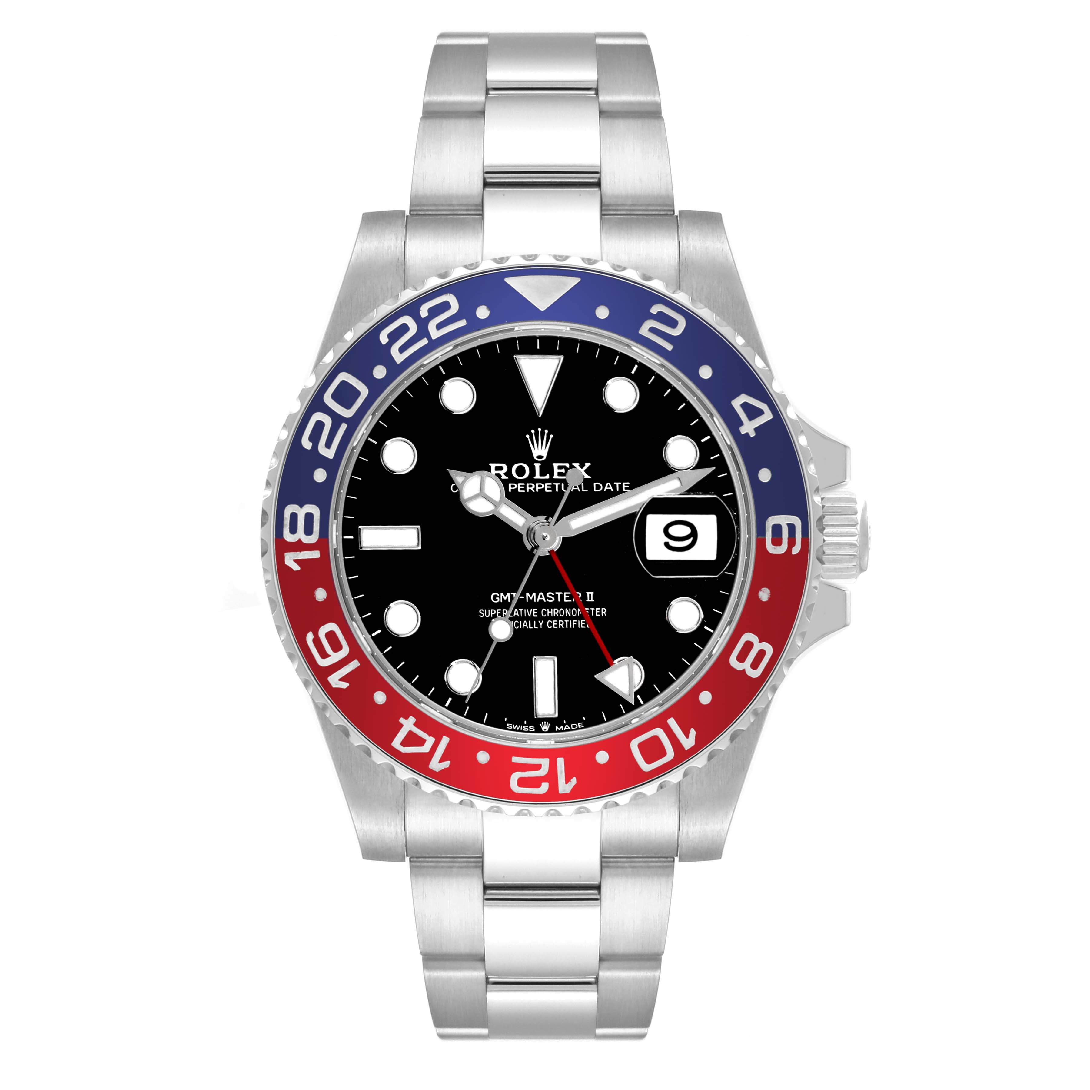 The Rolex GMT-Master 126710BLRO Men's Stainless Steel Black Dial 126710BLRO Men's Stainless Steel Black Dial watch is shown from the front, displaying the bezel, dial, hands, and bracelet.