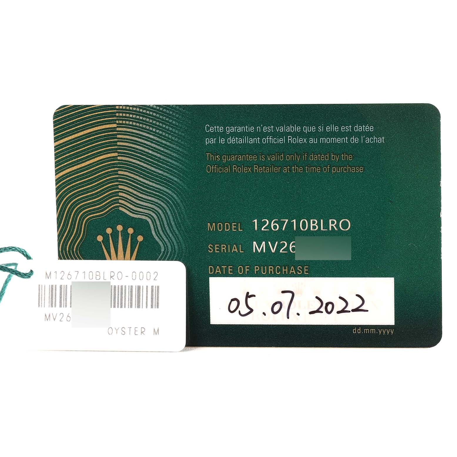 The image shows the warranty card and tag for a Rolex GMT-Master 126710BLRO Men's Stainless Steel Black Dial 126710BLRO Men's Stainless Steel Black Dial model 126710BLRO.