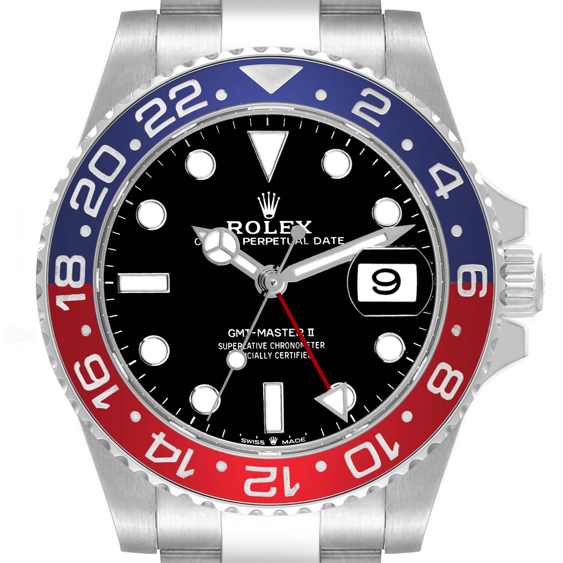 This image shows a front view of the Rolex GMT-Master 126710BLRO Men's Stainless Steel Black Dial 126710BLRO Men's Stainless Steel Black Dial watch, highlighting its dial, bezel, crown, and part of its bracelet.