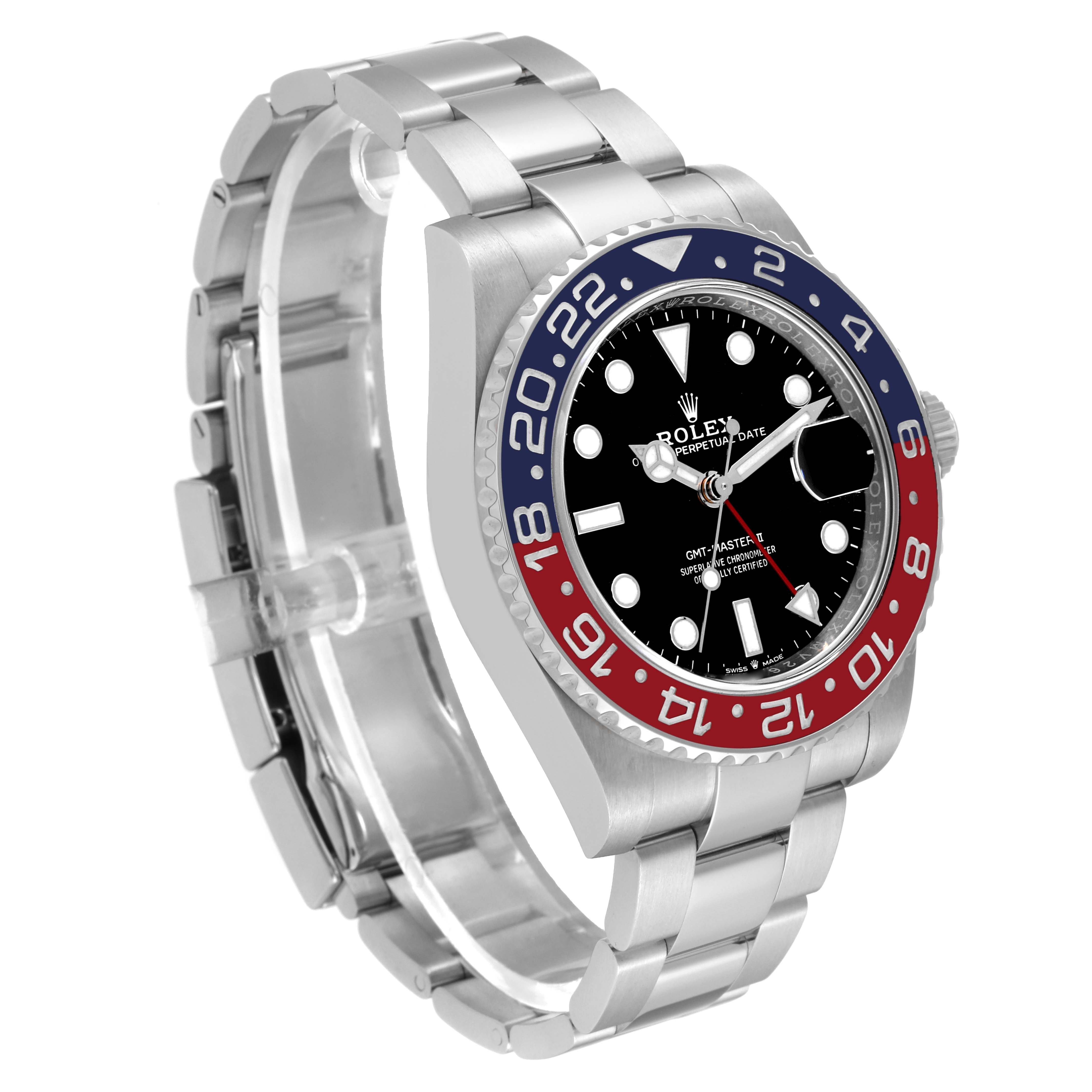 This image shows a side angle view of the Rolex GMT-Master 126710BLRO Men's Stainless Steel Black Dial 126710BLRO Men's Stainless Steel Black Dial watch, displaying the face, bezel, and bracelet.