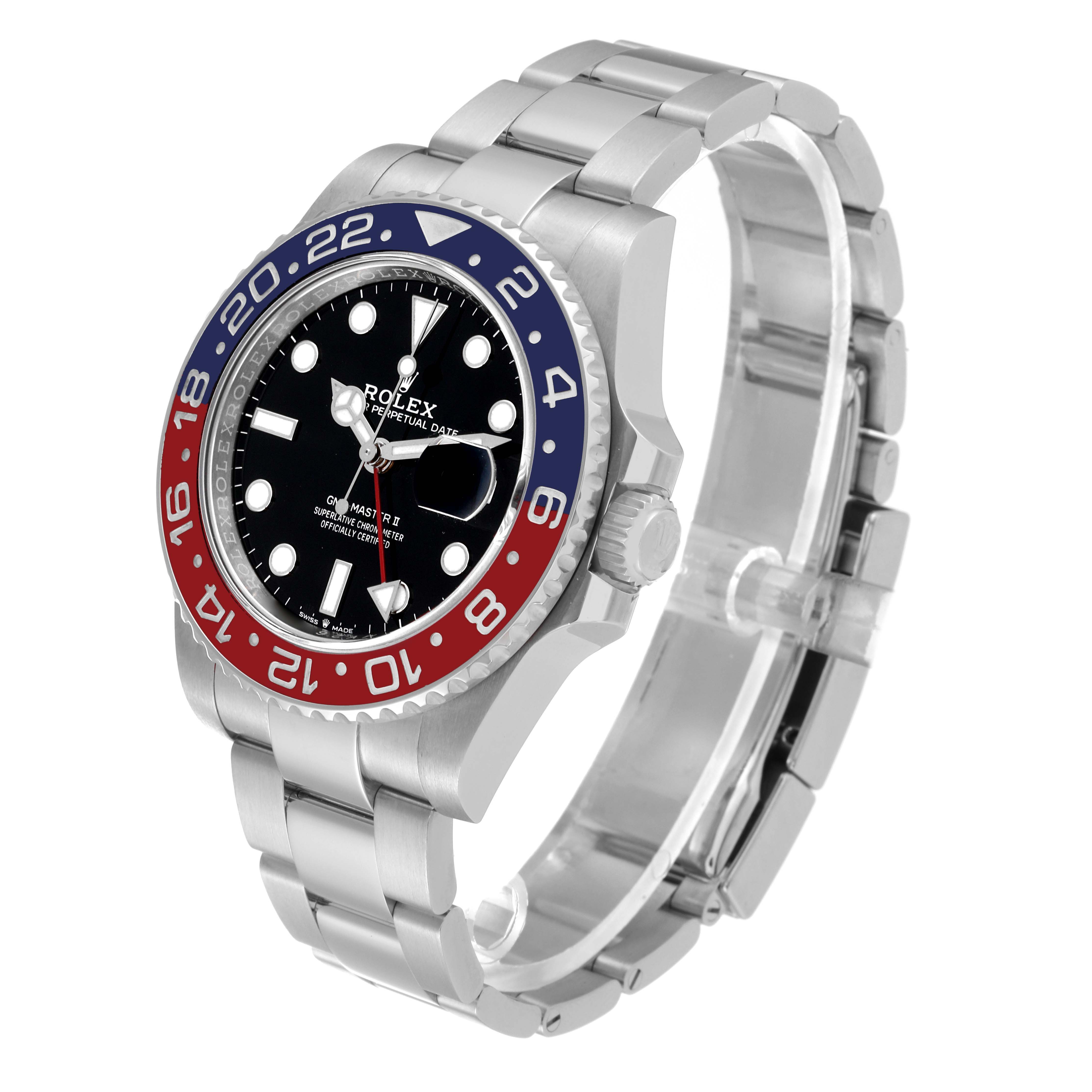 The Rolex GMT-Master 126710BLRO Men's Stainless Steel Black Dial 126710BLRO Men's Stainless Steel Black Dial watch is shown at a slight angle, featuring the dial, bezel, bracelet, and crown.