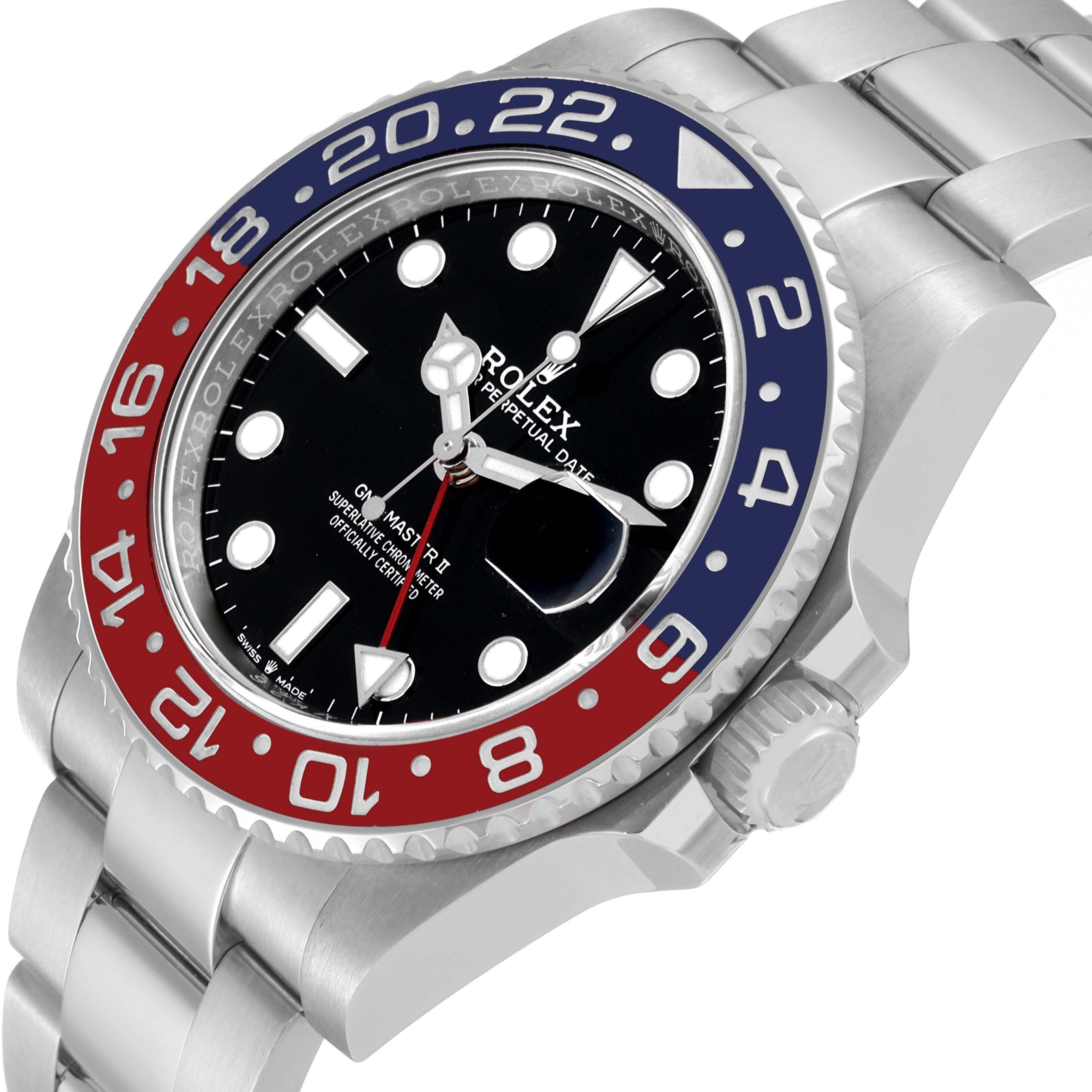 The image shows a Rolex GMT-Master 126710BLRO Men's Stainless Steel Black Dial 126710BLRO Men's Stainless Steel Black Dial watch at an angled view, highlighting the bezel, crown, and bracelet.