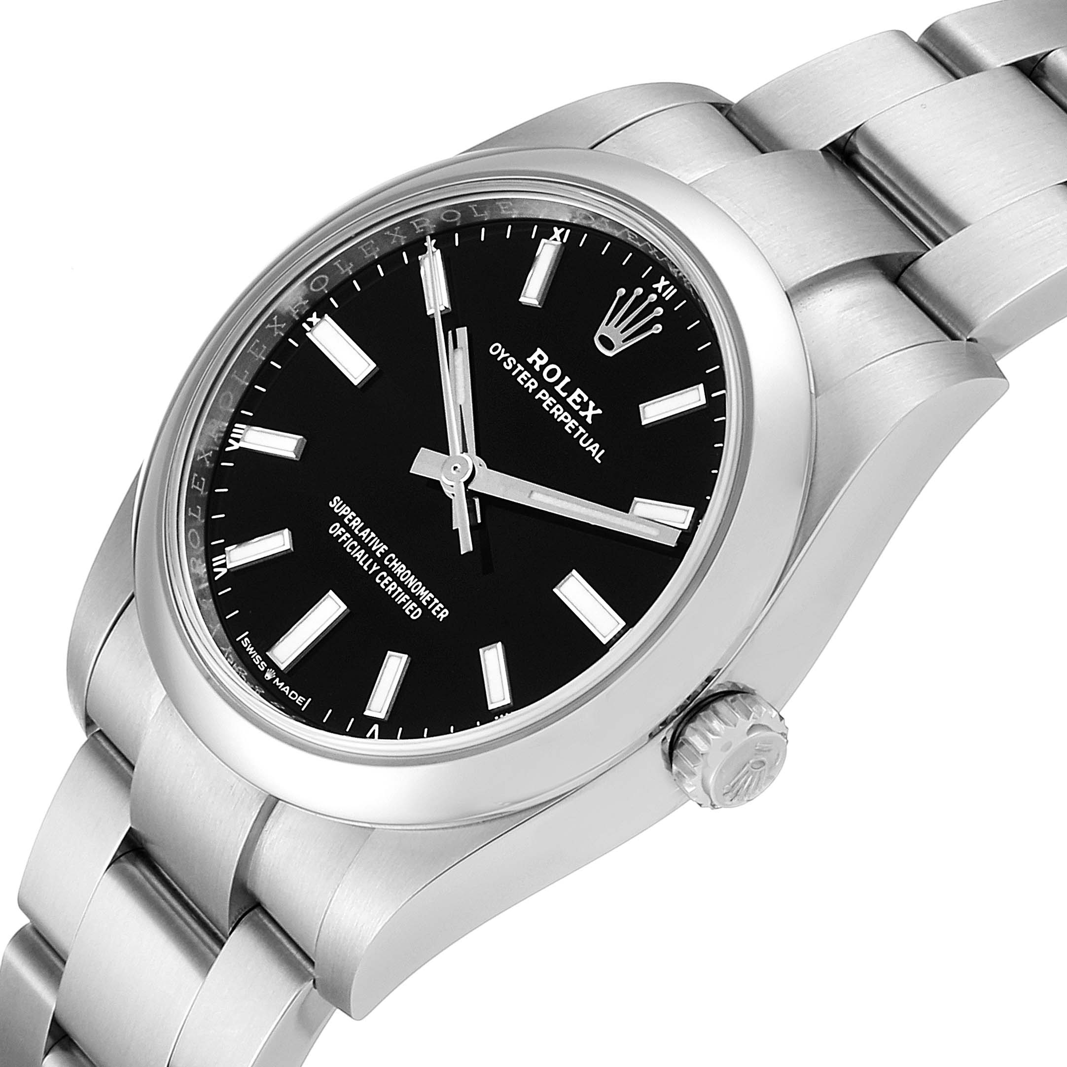This image shows a Rolex Oyster Perpetual 124200 Men's Stainless Steel Black Dial 124200 Men's Stainless Steel Black Dial watch from a slight side angle, highlighting the black dial, bezel, and metal bracelet.